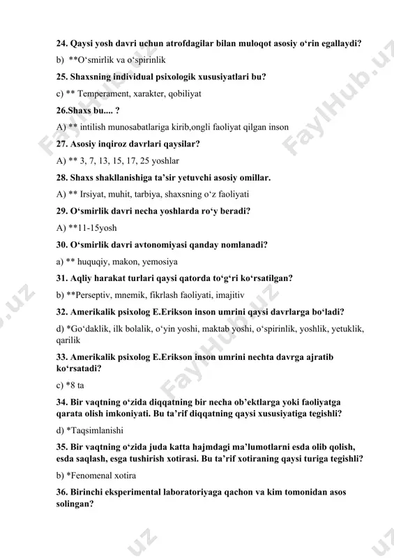 atadi? c) *3 ta 39. i.pavlovning nerv jarayonlarining induksiyasi qonuni qaysi psixik jarayonga tegishli? b) *diqqat 40. idrok qonunlari qaysi qatorda to‘g‘ri ko‘rsatilgan? a) **figura va fonning ilgarigi bilimlarga bog‘liqligi qonuni, idrokning konstantligi 41. idrok qonunlari nechtadan iborat? c) *6 ta 42. idrok fenomenlari qaysilar? b) **gallyusinatsiya, illyuziya, attraksiya, yaqqol ko‘rinish 43. interioretseptiv sezgilarni ko‘rsating b) **organik sezgilar 44. interiorizatsiya- .. d) **ichki psixik faoliyatning tashqi amaliy faoliyatdan kelib chiqishi, tashqi harakatlarning ichki harakatlarga, tushunchalarga aylanish jarayoni 45. qaysi qatorda psixik jarayonlar to‘g‘ri ko‘rsatilgan? b) **sezgilar, idrok, xotira, tafakkur, xayol, nutq, diqqat 46. qaysi qatorda faoliyatning asosiy turlari ko‘rsatilgan? a) **o‘yin, o‘qish, mehnat 47. konformizm nima? a) *shaxsning guruh yoki ko‘pchilikning ta’siriga berilishini tushuntiruvchi hodisa 48. kuzatish metodi turlari... b) **tashqi, ichki, erkin, standartlashtirilgan guruh ichida kuzatish, guruh tashqarisida kuzatish 49. materialni ko‘p martalab takrorlash va qayta esga tushirishlar orqali uzoq vaqt esda saqlash xotirasi. bu ta’rif xotiraning qaysi turiga …