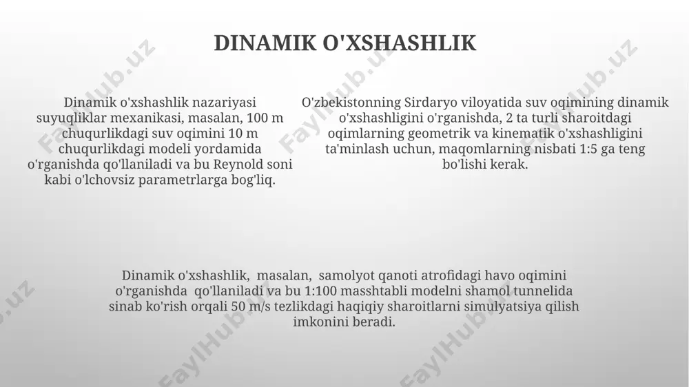 ssiqlik o'tkazuvchanligi va yopishqoqligi) va geometrik o'lchamlarga (masalan, diametri 10 mm bo'lgan trubada) bog'liq bo'lib, issiqlik almashinuvi jarayonlarini tavsiflashda muhim rol o'ynaydi. 1915-yilda wilhelm nusselt tomonidan kiritilgan nusselt soni, konveksiv issiqlik almashinuvi samaradorligini baholashda ishlatiladi va issiqlik o'tkazuvchanligi va konveksiv issiqlik o'tkazuvchanligi nisbatini aks ettiradi, masalan, 500 ga yaqin qiymat yuqori samaradorlikni ko'rsatadi. o'xshashlik nazariyasining qo'llanilishi o'xshashlik nazariyasi farg'ona vodiysidagi 200 gektar maydonli paxta dalasining suv iste'molini hisoblashda, 5 ta asosiy parametrni hisobga olish orqali qo'llanildi. o'xshashlik nazariyasi samarkanddagi 50 metrli minoraning 1:100 masshtabdagi modelini yaratishda, uning aerodinamik xususiyatlarini o'rganish uchun qo'llanildi. toshkentdagi gidrotexnika inshootlarini loyihalashda, 3 ta turli sharoitlarda o'tkazilgan tajribalar natijalari o'xshashlik nazariyasi asosida umumlashtirildi. grashof soni grashof sonining 0,7 dan kichik bo'lishi, mexanizmlarning o'ziga xos harakatlarini, masalan, ikki qavatli krank-qo'l mexanizmlarini ta'minlashini ko'rsatadi va bu holat 19-asrda germaniyaning karlsrue shahrida tadqiq qilingan. grashof tenglamasini qo'llash orqali to'rt aloqali mexanizmlarning 2-darajali yoki 3-darajali harakatlarini aniqlash mumkin, bu esa …