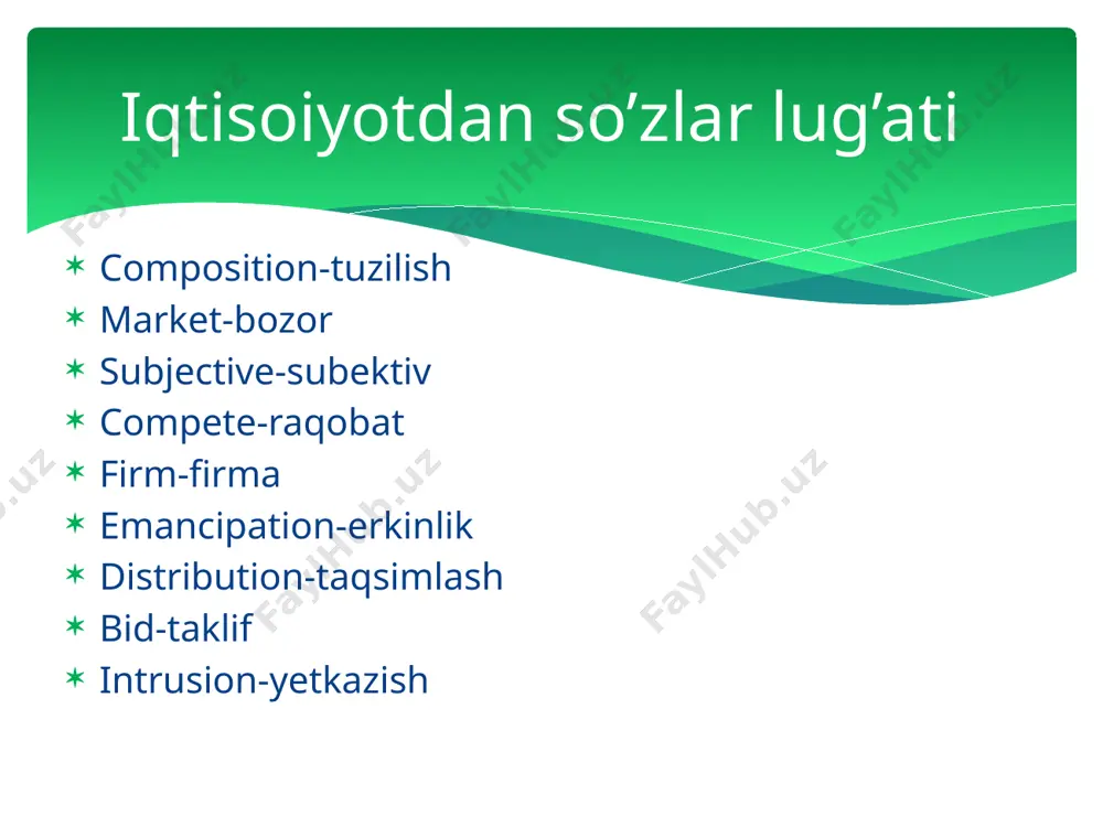 al va valuta bozori). intellektual tovarlar va nou xau bozori. ii . raqobatning yetuklilik darajasi yoki bozor subyektlarning mavqeiga ko`ra sof raqobatli bozor. sof monopolistik bozor. monopolistik raqobatli bozor. oligopolistik bozor. iii. hududiy qamrov darajasiga ko`ra mahalliy bozorlar. milliy bozorlar. jahon bozori. iv. savdo bitimlarini amalga oshirilish tartibiga ko`ra chakana savdo bozorlari. ulgurji savdo bozorlari. v. mulk shakllariga ko`ra davlat savdosi. kooperativ savdo. dehqon bozori. moliya bozorining tuzilishi moliya bozori qarz majburiyatlari bozori (iste`molni qondiradigan pul) valuta bozori kapital (mulk) bozori ssuda kapitali bozori qimmatli qog`ozlar bozori qarz majburiyatlari bozorida olingan pul shaxsiy iste`mol uchun ishlatiladi. kapital bozorida qo`yilgan puldan daromad olishi huquqi sotiladi va sotib olinadi. qimmatli qog`ozlarning birlamchi bozorida ularning yangidan chiqarilgan nusxalari sotiladi va sotib olinadi, ikkilamchi bozorida oldin chiqarilganlari harakatda bo`ladi. mehnat birjasining vazifalari: ishsizlarni ro`yxatga olish. ishsizlarni mos o`rinlarda ish bilan ta`minlash. ish bilan ta`minlanganlarni qayta o`qitish va yangi kasbga tayorlash. ishsizliklarni ijtimoiy himoyalash. bozor …