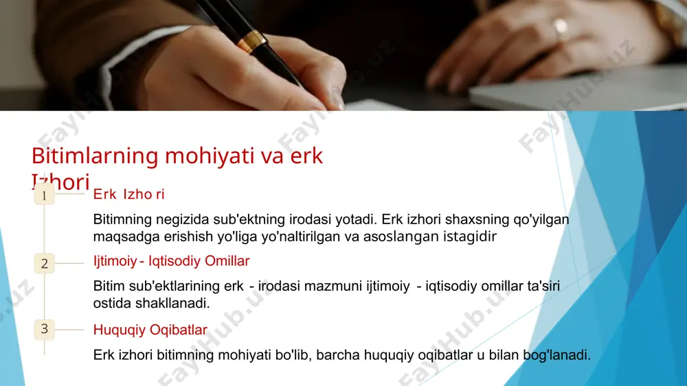 tim to'liq kuchga kiradi va taraflar o'z majburiyatlarini bajarishlari lozim. shartli bitimlar: bekor bo'lish sharti 1 shartning belgilanishi taraflar huquq va burchlarning bekor bo'lishini yuz berishi yoki bermasligi noma'lum holatga bog'liq qilib qo'yadilar. 2 shartning yuz berishi belgilangan holat yuz berganda, bitim bo'yicha huquq va burchlar bekor bo'ladi. 3 huquqiy oqibatlar shart yuz bergandan so'ng, bitim o'z kuchini yo'qotadi va taraflarning majburiyatlari tugatiladi. shartli bitimlarning ahamiyati taraflarni bog'lash shartli bitimni tuzishga bo'lgan qiziqish shundaki, bekor qiluvchi yoki kechiktiruvchi shartdan kelib chiquvchi majburiyat taraflarni muayyan tarzda bog'laydi. huquqiy himoya shartli bitimlar taraflarga muayyan vaziyatlarda huquqiy himoya beradi va ularning manfaatlarini ta'minlaydi. moslashuvchanlik shartli bitimlar taraflarga o'zgaruvchan sharoitlarga moslashish imkonini beradi va kelgusidagi noaniqliklarni hisobga olish imkonini yaratadi. bitimlarning shakli: umumiy qoidalar 1 og'zaki shakl bitimlar og'zaki shaklda tuzilishi mumkin, agar qonunda yozma shakl talab qilinmagan bo'lsa. 2 yozma shakl yozma shaklda tuzilgan bitimlar taraflar yoki ularning vakillari tomonidan imzolanishi kerak. 3 …