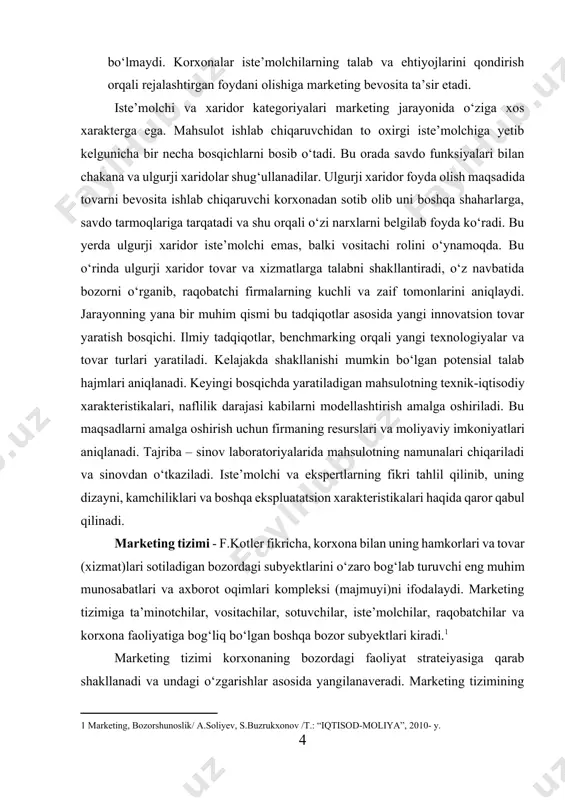 eng muhim munosabatlari va axborot oqimlari kompleksi (majmuyi)ni ifodalaydi. marketing tizimiga ta’minotchilar, vositachilar, sotuvchilar, iste’molchilar, raqobatchilar va korxona faoliyatiga bog‘liq bo‘lgan boshqa bozor subyektlari kiradi.[footnoteref:1] [1: marketing, bozorshunoslik/ a.soliyev, s.buzrukxonov /t.: “iqtisod-moliya”, 2010- y. ] marketing tizimi korxonaning bozordagi faoliyat strateiyasiga qarab shakllanadi va undagi o‘zgarishlar asosida yangilanaveradi. marketing tizimining shakllanishiga va o‘zgarishiga asosiy sabab bozor konyunkturasi hisoblanadi. marketing tizimi korxona tashqi muhitini ifodalovchi ijtimoiy-iqtisodiy, demografik, texnik-texnologik, siyosiyhuquqiy va madaniy omillar ta’sirida shakllanadi va faoliyat yuritadi. uning muvaffaqiyatli faoliyati korxona imkoniyatlarini bozor faoliyatiga nechog‘lik muvofiqligiga ko‘p jihatdan bog‘liq bo‘ladi. shu bilan birga marketing tizimiga korxonaning raqobatchilari sezilarli ta’sir ko‘rsatib, ko‘pincha ularning bozor strategiyalari o‘zgarishi bilan tizimda yangi yo‘nalish boshlanishiga olib keladi. marketingning ichki va tashqi soha tushunchalari va ularning o‘zaro bog‘liqligi marketingning funksiyasi juda keng bo‘lishi yoki savdo-sotiq va reklama bilan chegaralanishi mumkin. marketingning roli qancha ahamiyatli bo‘lsa, korxonaning kuchli marketing sohasini (potensialini) yaratish ehtimoli shunchalik kuchli bo‘ladi. korxonaning marketing …