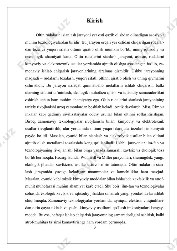 q. cyanidli texnologiyalar atrof-muhitga zarar yetkazmaslik uchun maxsus xavfsizlik choralari va chiqindilarni tozalash tizimlari bilan birga qo‘llanadi. zamonaviy usullardan biri — elektrotexnik metodlar, xususan, wohlwill jarayoni. bu jarayonda, eritilgan oltin ionlari elektr tok yordamida elektrodda to‘planadi va yuqori tozalikka erishiladi. wohlwill jarayoni 99.99% tozalikka yetadigan oltin olish imkonini beradi va ayniqsa, yuqori sifat talab qilinadigan mahsulotlar uchun qo‘llaniladi. miller jarayoni esa, gazli klor yordamida, oltinni 99.5% darajasida tozalash uchun ishlatiladi, bu usul ham keng tarqalgan. shuningdek, qadimgi usullardan biri — kupallatsiya jarayoni, bunda mis yoki boshqalar bilan aralashtirilgan rudalar issiqlik va oksidlanish yordamida oltinni ajratib olish uchun ishlatiladi. bu usul asosan, mis bilan birga ishlatiladi va rudadagi asosiy metallarning oksidlanishini ta’minlaydi. oltin rudalarini sianlash jarayonining muvaffaqiyati va samaradorligi uchun kimyo, metallurgiya va ekologiya sohalarining o‘zaro aloqasi muhim ahamiyatga ega. har bir usulning o‘zining afzalliklari va kamchiliklari bo‘lib, ularni tanlash rudaning kimyoviy tarkibi, mahsulot sifatiga va ekologik talablarga bog‘liq bo‘ladi. masalan, …