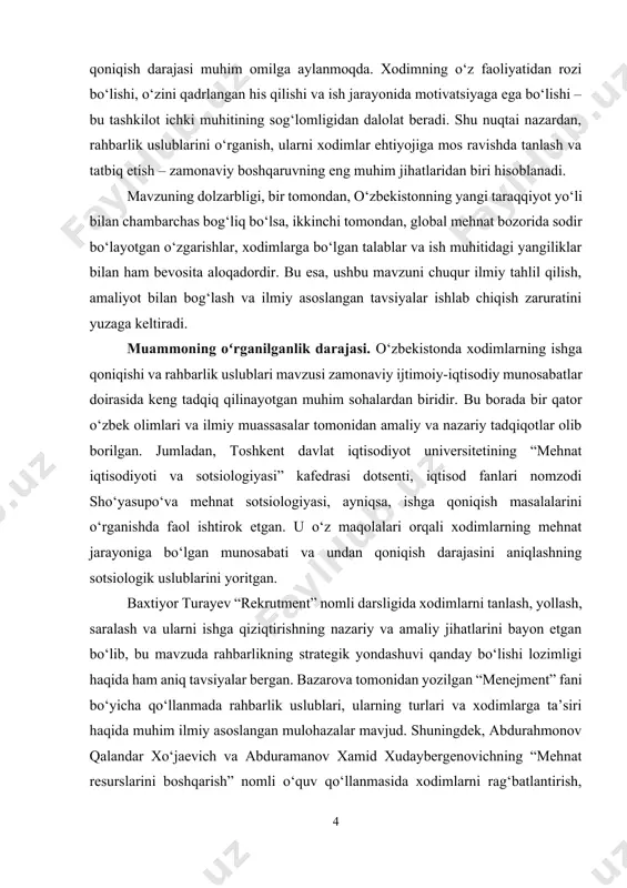 at va bandlik sotsiologiyasi” faniga oid materiallarda ham ishga qoniqish, mehnat muhitining sifati va rahbarlik uslublari muhokama qilingan. ayniqsa, jamoaviy ish muhitida rahbarlik uslubining o‘rnini tahlil qilish orqali samarali boshqaruv modeliga erishish yo‘llari ko‘rsatilgan. buxoro davlat universitetida tayyorlangan “personalni boshqarish” nomli qo‘llanmada esa xodimlarni rag‘batlantirish, ishga bo‘lgan munosabatini shakllantirish va ularni faoliyatga jalb qilishda rahbarlikning psixologik va sotsiologik jihatlari keng yoritilgan. namangan davlat universitetining yana bir “mehnat iqtisodiyoti va sotsiologiyasi” qo‘llanmasi bu borada ishga qoniqishning iqtisodiy va ijtimoiy mezonlari asosida o‘rganilgan tadqiqotlarni o‘z ichiga oladi. mirzo ulug‘bek nomidagi o‘zbekiston milliy universiteti professori, falsafa fanlari doktori f.a. musayev tomonidan yozilgan “sotsiologiya” darsligida esa mehnat sotsiologiyasi, rahbarlik uslublari va ijtimoiy boshqaruvning o‘zaro aloqalari ilmiy asosda tahlil qilingan. u o‘z tadqiqotlarida rahbarlik uslublarining jamoadagi muhit, ishga qoniqish va ishlab chiqarish samaradorligiga ta’sirini tahlil qilgan. yuqorida qayd etilgan olimlarning ishlari o‘zbekistonda mehnatga ijtimoiy yondashuv, xodimlar ehtiyojlari va rahbarlik uslublari o‘rtasidagi o‘zaro bog‘liqlikni chuqur o‘rganishga …