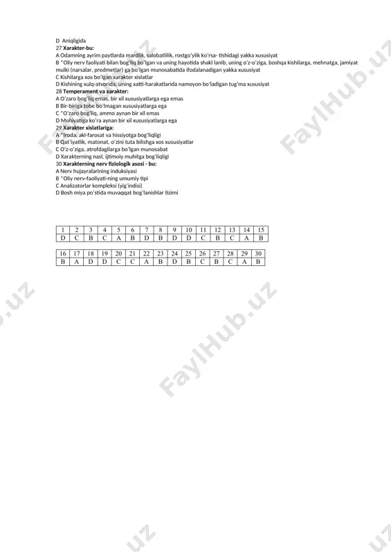 siyalash c mustaqillik, tanqidiylik d *konkret, abstrakt, nazariy, amaliy 19 tafakkurning individual xususiyatlari: a klassifikasiya, sistemaga solish, umumlashtirish b ijodiy, ixtiyoriy, konkret va abstrakt c konkret, abstrakt, juz’iy d *mustaqillik, sertashabbuskorlik, tezligi, mahsuldorligi 20 berilgan ta’riflardan qaysi biri temperamentga taalluqli? a hissiyotning sekin, lekin kuchli qo’zg’alganligi; b odamning yakka xususiyati c *nerv sistemasining qo’zg’alish tezligi, tormozlashuvi d temperament odamning ijtimoiy munosabat-larida namoyon bo’ladigan xususiyat 21 i.p.pavlov oliy nerv faoliyati tiplarini tushunish asosiga shularni kiritadi: a nerv jarayonlarining stereotipligini. b qo’zg’alish va tormozlanish jarayonlarining irradiasiya va konsentra-siyasini c *nerv xujayralarining kuchini, uning muvozanatliligi va epchilligini d nerv hujayralari induksiyasini; 22 odam oliy faoliyatining maxsus tiplari nimalar bilan xarakterlanadi? a *birinchi va ikkinchi signal sistemasining o’zaro munosabati bilan b asab jarayonlarining manfiy induksiyasi bilan c asab jarayonlarining musbat induksiyasi bilan d asab jarayonlarining sistemaliligi bilan; 23 asab tizimining kuchli, muvozanatliligi, epchil tipi qaysi temperamentga mos keladi? a flegmatik b *sangvinik c xolerik …