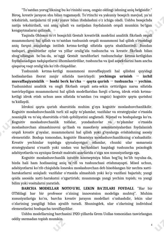 olyadan farqli o'laroq, schoenfeld va lester muammolarni hal qilishning evristikasini shaxsning mavjud bilimlari va muammoni tushunish bilan chegaralangan shaxsiy ob'ektlar sifatida tasvirlaydilar. shunga qaramay, polyaning asl modeli ham, qayta ko'rib chiqilgan model ham muammoni hal qilishni ongli va bosqichma-bosqich jarayon sifatida belgilaydi, bunda muammoni hal qiluvchi birinchi navbatda o'tmish tajribasi va ongli baholash orqali tushunchaga ega bo'ladi. umuman olganda, jarayonning birinchi bosqichi, muammo haqida dastlabki tushunchaga ega bo'lgandan so'ng, muammoni oldingi bilimlar bilan moslashtirish va yangi muammoga yechim usulini o'tkazish mumkinmi yoki yo'qligini baholashga urinishlarni talab qiladi. agar bu urinish muvaffaqiyatsiz bo'lsa, muammoni hal qiluvchi evristik usullarni qo'llashga o'tadi. evristikadan foydalanish orqali muammoni hal qiluvchi yakuniy maqsadga erishish uchun muammoning hozirgi holatini o'zgartirishga harakat qiladi. kreativlik tadqiqoti nuqtai-nazaridan, muammoni hal qilishga urinayotganda, shaxs birinchi navbatda boshqa muammolar bilan o'xshashliklarga asoslangan yechimlarni sinab ko'radi va taraqqiyotni ongli ravishda baholaydi. biroq, bu urinishlar ko'pincha muvaffaqiyatsiz bo'ladi, chunki qandaydir yangilikni talab qiladigan muammolar …