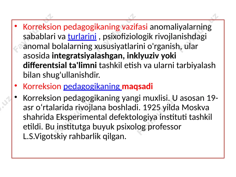 olimlarning ahamiyati katta edi. ular aqli zaif bolalarning psixologik rivojlanishi qonuniyatlarini o‘rganib, “rivojlanishni to‘xtatish nazariyasi”, “chegaraviy” degeneratsiya nazariyasi, “ruhiy nuqsonli” kabi ilmiy va reaktsion nazariyalarni fosh qildilar. eksperimental psixologiya laboratoriyasida anomal bolalar rivojlanishining maxsus ta'lim ta'sirida qanday o'zgarishini o'rganish, ulardagi mavjud nuqsonlarni ijobiy va salbiy tomonlarini aniqlash uchun qiyosiy eksperimental tadqiqotlar o'tkazildi. i.m.solovyev sog'lom va anormal bolalarda kognitiv faollikning rivojlanishini ham har tomonlama o'rgangan. “normal va anormal bolalarda kognitiv faoliyat psixologiyasi” kitobi ana shu ishning natijasi bo‘ldi.i.m.solovyev va uning bir guruh xodimlari eksperimental tadqiqotlar yordamida taqqoslashning murakkab shakllarini o‘rganishda haqiqiy yangilik ko‘rsatdilar. image1.png /docprops/thumbnail.jpeg