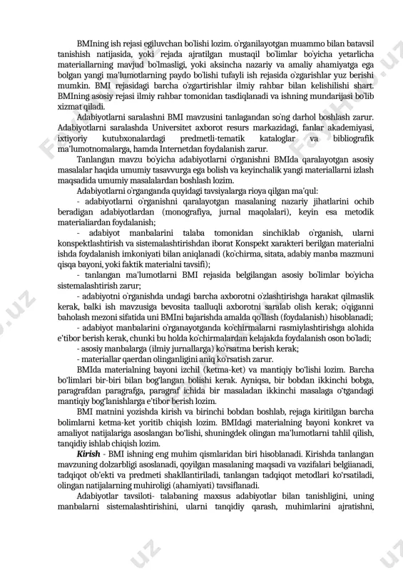 kurs ishining har bir bo‘limi olim va mutaxassislarning mavzuga doir ilmiy xulosalari, davlat va mahalliy hokimiyat idoralarining sohaga oid me‘yoriy hujjatlari va ko‘rsatmalari asosida yoritilishi talab etiladi. kurs ishida ilgari bajarilgan mustaqil ishlarning natijalari yoki boshqa mualliflarning (ilmiy ma‘ruzalar va maqolalari, hisob-grafika ishlari va loyihalari, albatta, nomlari ko‘rsatilgan holda) ishlari aks ettirilishi yoki ulardan foydalanish mumkin. bitiruv malakaviy ishni bajarish — oliy ta'lim muassasi bakalavriatida talabalagni o`qitishning yakuniy bosqichi bo`lib, o‘zbekiston respublikasi davlat atestatsiya komissiyasi haqidagi nizomga ko`ra bitiruv malakaviy ishni himoya qilish davlat attestatsiya komissiyasining ajralmas qismi hisoblanadi. -malakaviy ishni bajarish maqsadi ta'lim bo‘yicha nazariy va amaliy bilimlarni mustahkamlash va kengaytirish, olingan bilimlarni muayyan ilmiy, texnikaviy, ishlab chiqarish, iqtisodiy, ijtimoiy, madaniy vazifalarni hal etishda qo`llash; ijodiy ishlash, ishlab chiqilayotgan masalaning (muammoning) qo`yilish jarayonidan boshlab, uni to`la nihoyasiga yetkazish bo`yicha qaror qabul qilishda bo`lgan mas'uliyatni his etishga; o`rgatish; zamonaviy ishlab chiqarish, iqtisodiyot, texnika va madaniyatning, axborot texnologiyalarining rivojlanishi sharoitida talabalarni …