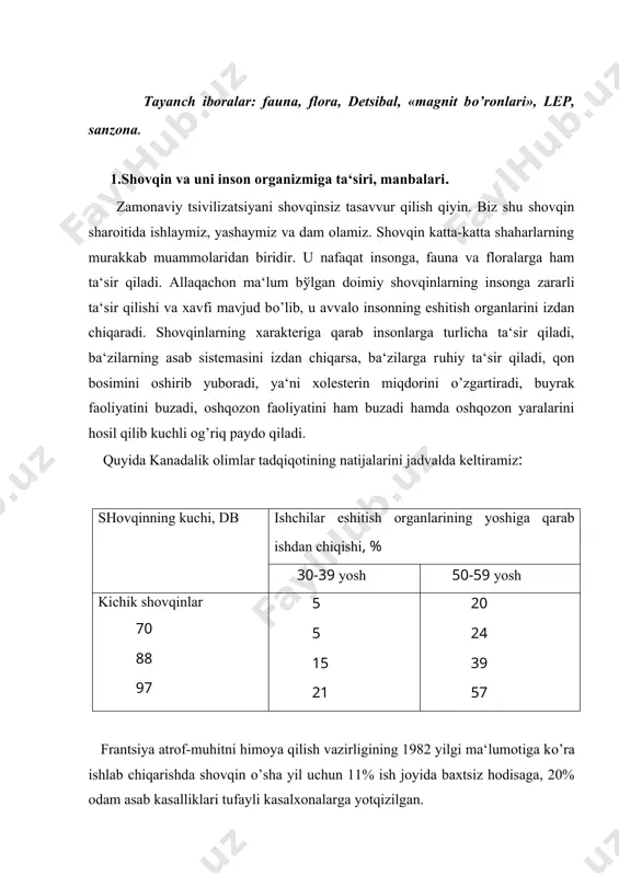 r, baland bo’lsa shovqinli tovushlar hisoblanadi. masalan, televizorning 70 db tovushi kuchli tovush hisoblanadi; otboyny molotok (bolg’a) ning 120 db tovushi juda kuchli; agar shovqin 130 db ga yetsa og’riq beruvchi shovqin hisoblanadi. undan ham balandi esa eshitish organlarini ishdan chiqaradi. agar tovush 180 db yetsa metalni yemira boshlaydi, 190 db bo’lsa metall konstruktsiyalaridagi zaklyopkalar uchib keta boshlaydi. boshqa kuzatishlar natijasiga ko’ra me‘yoridan oshiq (78-85 db) shovqin bo’lsa ish unumdorligi 1% ga kamayar ekan. mutaxassis olimlarning fikricha shovqin nafaqat insonga balki hayvon va o’simliklarga ham juda salbiy ta‘sir ko’rsatar ekan. o’simliklarning o’sishiga va hosiliga ta‘sir qiladi. 2. elektromagnit ifloslanishlar va uni insonga ta‘siri, manbalari. tabiiy elektromagnit maydonga yerning elektromagnit maydoni kiradi. geomagnit maydonining o’zgarishiga asosiy sabab quyosh aktivligining o’zgarishidir. quyosh elektromagnit maydonining yer elektromagnit maydoniga o’zaro ta‘siri natijasida yerning elektromagnit maydoni o’zgaradi va natijada «magnit bo’ronlari» vujudga keladi. buning oqibatida odamlarning yurak va qon tizimlarida salbiy oqibatlar kuzatiladi. bundan tashqari …