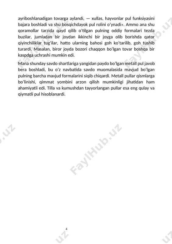 d va boshqalar zarb ettirgan tangalar buning dalilidir. qadimgi yunonistonda qadimiy tangalar haqida ko'p afsonalar yaratilgan. yunonistonlik gomering "iliada" dostonida juda qadim zamonda voqealar va ulaming urf-odatlari tasvirlanadi. misol uchun lemnos orolidan kelgan dengizchilar bilan aheyliklar orasidagi oldi -sotdini olib kuraylik. vinoga temir, mishukiz va hukiz terilari qullarni almashtirish ajablanarli hol emasmi bu? hozir biz bemalol pulga sotib oladigan narsalarimizni usha vaqtlarda butunlay kutilmagan narsalarga almashtirilga tug'ri kelardi, bu faqat gomer davrida emas, undan ancha avval ham shunday bo'lib kelgan. odamzod oz narsaga qanoat kilib yurgan, ayriboshlash har zamon -har zamonda, tasodfly bol'gan zamonlarda bu tabiiy hol bo'lgan, mehnatning bir mahsuli boshqa bir mahsulga anirbosh qilinardi. ammo vaqt o'tib borarkan mehnat taksimoti ahirboshlash uchun tobara ko'plab mol tovar ishlab chiqarishni beradi. buning natijasida mol ayrboshning eski usuli beo'hshov va noqulay bo'lib qoldi. bu usul savdo-sotiqqa halal berib., jamiyat taraqqyotiga g'ov bo'la boshladi. agar odamlar savdo-sotiq qilib bir-birovlari bilan madaniy boyliklari, …
