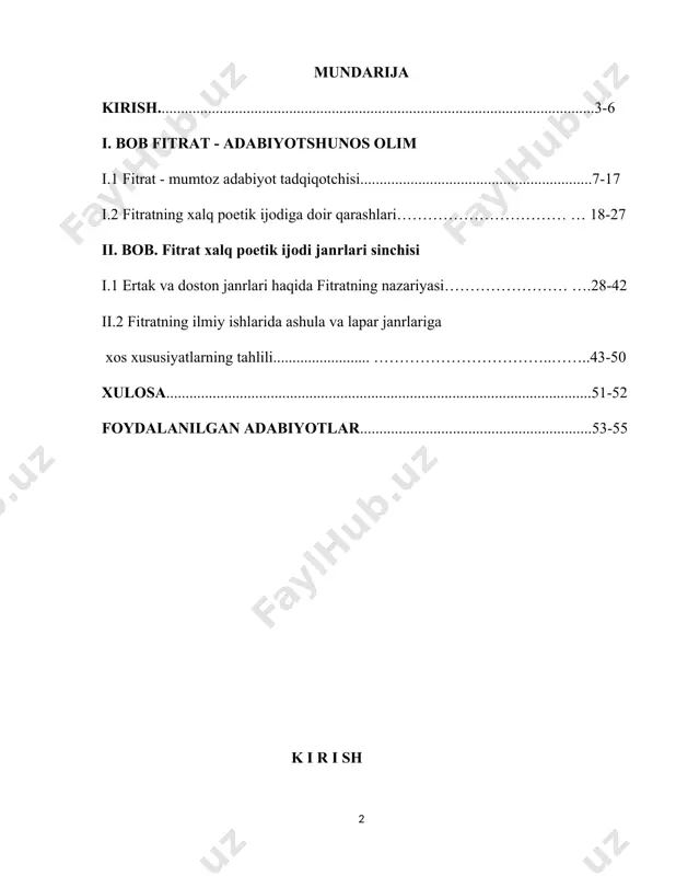 haqida tanqidiy maqolalar yozgan, hatto yer qurilishining ilmiy jihatlari bilan qiziqqan va yaqindan shug‘ullangan keng qamrovli iste’dod ekanligi ma’lum bo‘ladi. biz mazkur bitiruv malakaviy ishimizda ana shunday qomusiy bilimga ega olim fitratning xalq og‘zaki ijodi janrlarini alohida o‘rganish borasida olib borgan taqiqotlarini tahlil qilishni vazifa qilib oldik. fitratda folklorga havas bolaligidanoq onasining el ichida mashhur qo‘shiqlarni kuylab berishi ta’sirida uyg‘ondi va bu havas unga umr bo‘yi hamrohlik qildi. fitrat, avvalo, “el adabiyoti”ga katta e’tibor qaratib, uning tabiati, janriy tizimi va tarkibi to‘g‘risida qimmatli nazariy qarashlarni ilgari surdi. uning bu boradagi qarashlari esa alohida e’tiborni tortadi. ayniqsa, olimning folklor asarlarining yozma asarlardan farqi, folklorga xos spetsifik belgilar, o‘zbek xalq qo‘shiq janri tabiati xususida bildirgan mulohazalari, folklorning turli janrlariga munosabati hozirgacha o‘z ilmiy qimmatini saqlab kelayotir. fitrat o‘z davrida xalq ijodiyotining chuqur bilimdonlaridan biri sifatida uning hormas-tolmas targ‘ibotchisiga aylandi. u tuzgan “o‘zbek adabiyoti namunalari” (1928) xrestomatiyasida birinchi marta el adabiyotidan namunalar keltirilgan. …