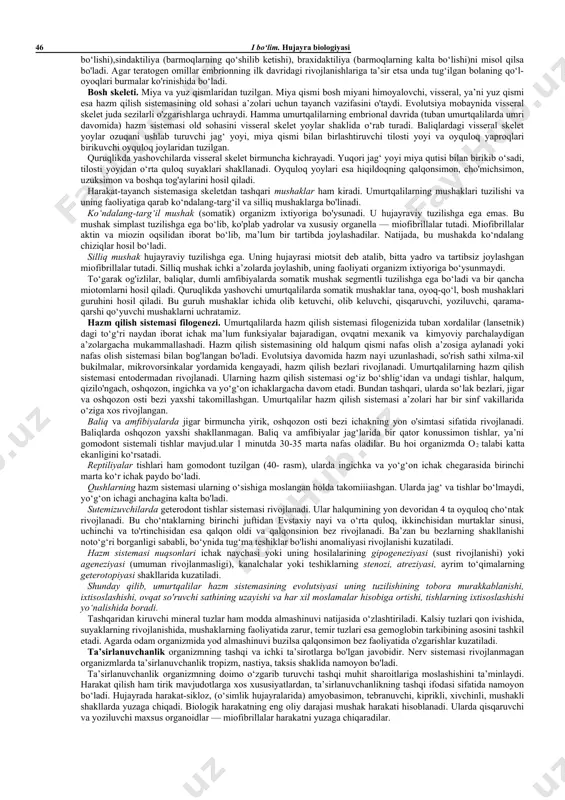 ik, funksional yoki ishchi korrelatsiyalar deb ham ataladi. filogenezda funksional bogtangan a’zolarining o‘zaro o‘zgarishlari. bunga misol qilib nerv markazlari va retseptorlar orasidagi bog'lanishlarni keltirish mumkin. 3. biologik korrelatsiyalar — maydon orqali ham, funksional ham o‘zaro bog‘lanmagan a’zolarning tashqi muhit sharoitiga moslashishini ta’minlovchi bir-biriga bog‘liq o‘zgarishlari. masalan, primatlarning daraxtda yashashini ta’minlovchi o‘zgarishlarga oyoqlar, ko'rish a’zolari, bosh miyaning bir-biriga bog'liq holda taraqqiy etganligi biologik korrelatsiyalarga misol bo‘la oladi. ontogenez va filogenez ora​sidagi bog‘ianishlar. xordalilar tipining har xil sinflari va turlari vakillarining homilalari rivojlani- shi bosqichlarini solishtirib o‘rga nish natijasida k.ber homilalar o‘xshashligi qonunini kashf etdi bu qonunning asosiy qoidalari quyidagicha ta’riflanadi: 1. bir sinfga kiruvchi hayvonlar homilalari rivojlanishning ilk bosqichlari o‘xshash bo‘ladi. 2. homilalarda awal tipga xos umumiy belgilar, keyin esa sinfga, avlodga, turga va individga xos belgilar rivojlanadi. 3. bir tipga kiruvchi homilalar tobora bir-biridan farqlanib boradi. k.ber evolutsionist bo‘lmagani uchun bu qonunni filogenez bilan bog‘lay olmadi. 1866- yilda e.gekkel va …