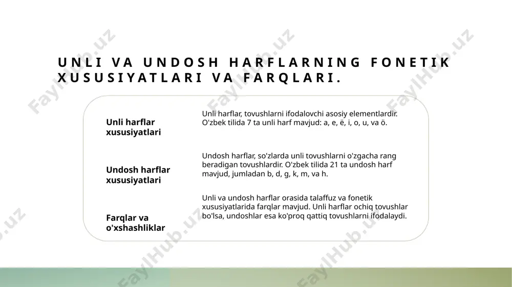 bosi o'zbek tilida unli va undosh harflarning o'rnini belgilaydi. bu alifbo tilni oson o'qish va yozish imkonini yaratadi. 2 unli va undosh farqlari unli va undosh harflarning fonetik xususiyatlari va talaffuzdagi farqlari tilni boyitishda muhim ahamiyatga ega. ularning o'ziga xos xususiyatlari tilshunoslikda o'rganiladi. 3 o'zbek tilida ta'siri lotin alifbosidagi unli va undosh harflar o'zbek tilining rivojlanishida muhim rol o'ynaydi. ular tilning zamonaviy va an'anaviy jihatlarini birlashtiradi. foydalanilgan adabiyotlar 1. abdullayeva d. lotin alifbosining tasnifi va undosh harflar. o'zbekiston milliy universiteti, 2020 2. nurmatov a. unli va undosh harflar: tahlil va tasnif. o'zbekiston respublikasi fanlar akademiyasi, 2021 3. ismoilova z. o'zbek tilidagi unli va undosh harflar tizimi. o'zbekiston davlat noshirligi, 2019 4. xodiev r. unli harflarning o'rni va ahamiyati. o'zbek lingvistika jurnali, 2022 5. mirodilov b. lotin alifbosida fonetik tasniflar. o'zbekiston oliy ta'lim, 2023 e'tiboringiz uchun rahmat! /docprops/thumbnail.jpeg