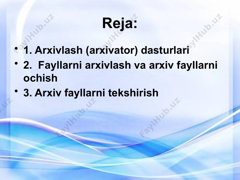 ayllar to'rt, hatto besh martagacha siqiladi. dasturlar ifodalangan fayllar esa juda kam—1% ga yaqin siqiladlpafiba-qilib aytganda arxivlash dasturlari fayllar hajmini 1,5-2 barobar qisqartirishga imkon beradi. arxivlash dasturlari qo’llaniladigan matematik usullar, arxivlash, arxivni ochish tezligi va eng asosiysi siqish samaradorligi bilan bir-biridan farq qiladi. arxivlash dasturlaridan yetarli darajada tez va yaxshi ishlaydiganlari pkzip, lharc, arj, rar dasturlaridir. win rar, pkzip, arj arxiv fayl yagona faylga birlashtirilgan bir yoki bir necha faylninj siqilgan holdagi ko'rinishi bo'lib, undan kerakli hollarda fayllarni dastlabk ko'rinishda chiqarib olish mumkin. arxiv fayli undagi fayllar nomlarin ko'rsatuvchi mundarijaga ega bo'ladi. pkzip / pkunzip va arj dasturlari arxiv fayllarining nomlari odatda quyidagi kengaytmalarga ega bo'ladi: zip - pkzip / pkunzip dasturlari arxiv fayllari uchun; arj — arj dasturi arxiv fayllari uchun. dastlab bir marta yaratilib olingandan keyin uning ustida ko`p ishlandi va natijada arxivlashning bir qancha turlari vujudga keldi. dos operatsion sistema ostida ishlaydigan arj, rkzir, winrar arxivatorlari yaratildi. …