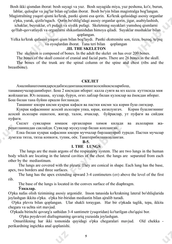 kshirishni boshlaydilar. shifokor xamshiralardan bemorlarining axvoli xakida suraydi. ba'zan ular bemorlari yaxshi ekanligini aytadilar. ba'zan esa ular shifokorga ba'zi bemorlarning xarorati baland ekanligini aytadilar va shifokor ularga ba'zi yangi dorilarni yoki kursatmalarni yozib beradi. men kelgusidagi kasbimni juda yoktiraman. kelajakda men bemorlarga juda e'tiborli bulmokchiman va bemorning xolatidagi xar bir uzgarishlarini nazorat kilishga xarakat kilaman. iii. our institute the bukhara medical institute is named after abu ali ibn sino. it was founded on the 11th of october in 1990. our institute prepares doctor. it is one of the newest nigher schools in our country. every year a lot of school-leavers come to our institute in order to take entrarce examination which are rather difficult. . institutda buxoro tibbiyot instituti abu ali ibn sino nomi bilan ataladi. u 1990 yil 11 oktyabrda tashkil topgan. institutimiz shifokorlarni tayyorlaydi. u mamlakatimizdagi eng yangi institutlardan biri. xar yili kuplab talabalar ancha kiyin bulgan kirish …