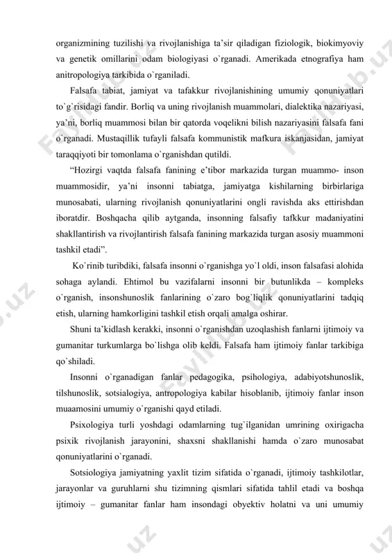 . psixologiya turli yoshdagi odamlarning tug`ilganidan umrining oxirigacha psixik rivojlanish jarayonini, shaxsni shakllanishi hamda o`zaro munosabat qonuniyatlarini o`rganadi. sotsiologiya jamiyatning yaxlit tizim sifatida o`rganadi, ijtimoiy tashkilotlar, jarayonlar va guruhlarni shu tizimning qismlari sifatida tahlil etadi va boshqa ijtimoiy – gumanitar fanlar ham insondagi obyektiv holatni va uni umumiy rivojlantirish yuzasida bahs yuritadi. asrlar bo`yi mavjud qonuniyatlar o`rganiladi va davr o`zgarishi bilan uning o`zgarishiga baho beriladi. ammo insonni tarbiyalash, uni rivojlantirishning aniq qonuniyatlarini ishlab chiqish pedagogika fanining zi mmasiga tushadi. pedagogikaning predmeti shaxsni rivojlantirish bilan tarbiya o`rtasidagi qonuniyatni aniqlash va shu asosida tarbiyaviy faoliyatning nazariy hamda metodik asoslarini ishlab chiqadi. demak, pedagogikaning predmeti shaxsni rivojlantirish va tarkib toptirish jarayonidir. ya’ni, pedagogika shaxsni muayyan maqsadga qarata ta’lim-tarbiya berish, rivojlantirish, tarkib toptirish mohiyati va qonuniyatlari haqidagi fandir. ma’lumki, pedagogikaning asosiy vazifasi bo`lgan tarbiya ijtimoiy hodisadir. u kishilik jamiyati paydo bo`lgandan boshlab paydo bo`lgan. tarbiyalash avvalo ijtimoiy hayot jarayonida yig`ilgan tajribalarni avlodlarga yetqazib berishdir. …