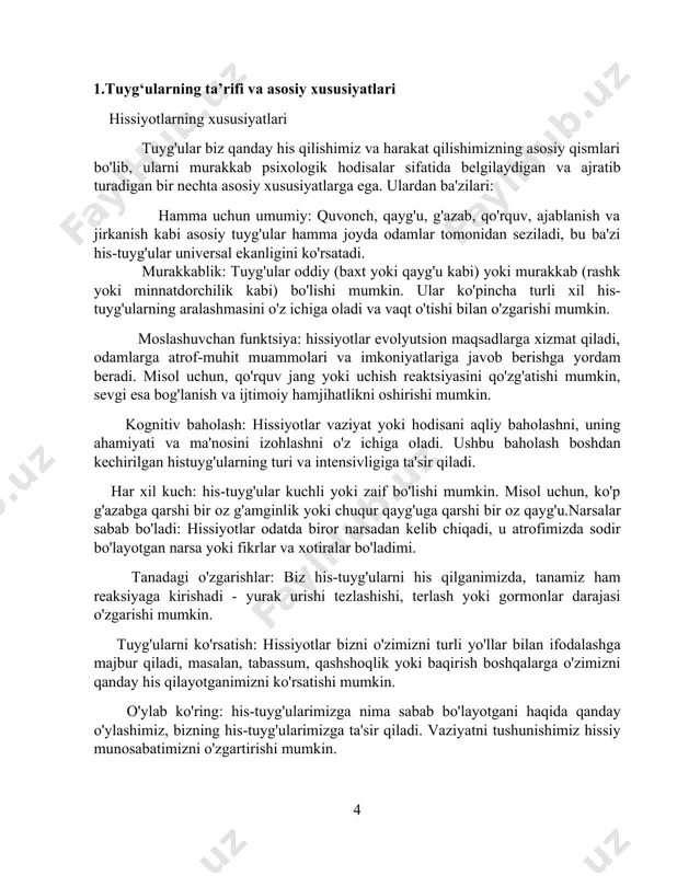 uyg'ulardir. bunga misollar kiradi: baxt: quvonch, mamnunlik va qoniqish hissi bilan tavsiflanadi. g'amginlik: qayg'u, qayg'u yoki umidsizlik hissi bilan bog'liq. qo'rquv: idrok etilgan tahdid tufayli yuzaga keladi, bu tashvish yoki qo'rquv hissini keltirib chiqaradi. g'azab: dushmanlik, umidsizlik yoki g'azab hissini o'z ichiga oladi. ajablanish: ijobiy yoki salbiy bo'lishi mumkin bo'lgan kutilmagan hodisaga javob. jirkanish: ko'pincha yoqimsiz narsaga javoban kuchli nafrat yoki jirkanish hissi. murakkab tuyg'ular: bu his-tuyg'ular asosiy his-tuyg'ularning kombinatsiyasi bo'lib, madaniy va shaxsiy tajribalardan ta'sirlanishi mumkin. bunga misollar kiradi: sevgi: birovga chuqur mehr va g'amxo'rlik, ko'pincha baxt, ishonch va iliqlikni birlashtiradi. rashk: ishonchsizlik, qo'rquv va hasad tuyg'ularini o'z ichiga oladi, odatda munosabatlar kontekstida. aybdorlik: noto'g'ri ish qilganlik yoki o'z axloqiy me'yorlarini buzganlik hissidan kelib chiqadi. sharmandalik: o'z-o'zidan qilingan nopok yoki noto'g'ri ishning ongidan kelib chiqadigan og'riqli tuyg'u. mag'rurlik: o'zining yoki boshqasining yutuqlaridan qoniqish va muvaffaqiyat hissi. minnatdorchilik: kimgadir yoki biror narsaga minnatdorchilik va minnatdorchilik hissi. ijobiy his-tuyg'ular: odatda yoqimli …