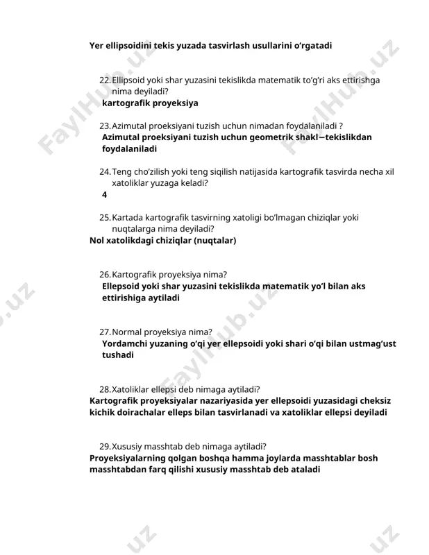 rtografik proyeksiya 32. kartografik proeksiya deb nimaga aytiladi? yerning qavariq yuzasini tekis yuzada yani kartada tasvirlash usuliga aytiladi 33. globuslar qanday mashtablarda tayyorlanadi? 4 xil -1:30000000, 1:40000000, 1:50000000, 1:83000000 34. kartadagi maydonlar masshtabi joy o’zgarishi bilan o’zgarsa qanday xatolik deyiladi? maydon 35. kartografik proyeksiya, masshtab va geodezik asoslarni kartaning nimasi deyiladi? matematik asos 36. matematik asos geodezik asos (triangulyasiya, poligonometrik va nivelirlash shaxobchalari) lar va qanday boshqa elementlarni o’z ichiga oladi? kartografik proyeksiya va koordinata to’ri, masshtab 37. quyida qaysi komponentlar matematik asosda tashkil topmagan? gidrografiya 38. kartalardagi cheksiz kichkina figuralar tasviri yer shari yuzasidagi shunga mos figuralarga uxshash xolda tasvirlandagan proyeksiya...? teng burchakli 39. kvadrat-rom-to’rtburchak-uchburchak kabi shakllarga ega bo’lgan belgi usuli qaysi? geometrik 40. matematik asos komponentlarini aniqlang? proyeksiya va koordinata turi, masshtab hamda geodezik asos (triangulyasiya, poligonometrik va nivelirlash shaxo-bchalari) lardan tashkil topgan 41. kartografik elementlar qatorida qaysi komponentlar matematik asosda tashkil topmagan? geografik elementlar 42. kartalarda maydon, …