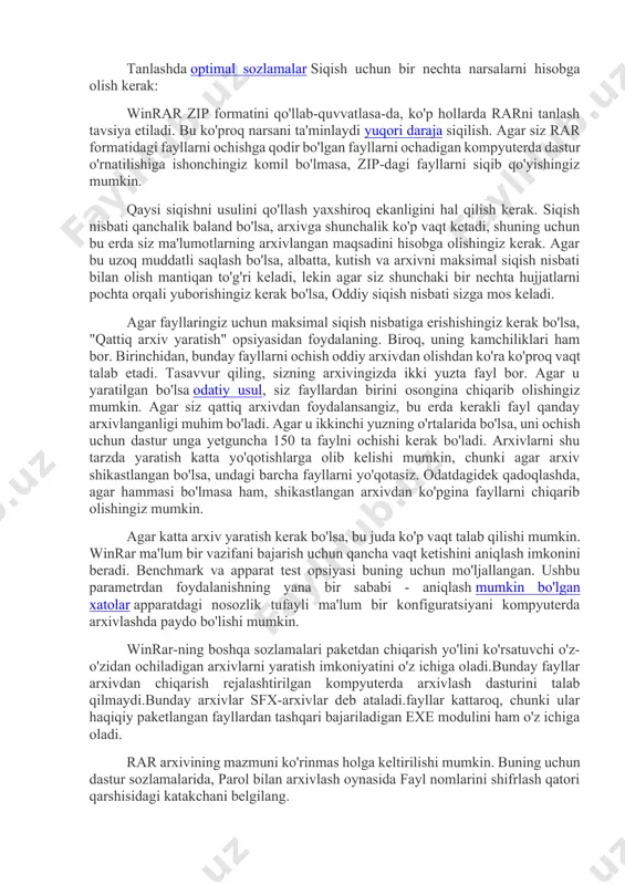 a. uchinchidan, qaysi arxivator ishlatilishi ham muhimdir. arxivlovchi turini tanlashda ular odatda quyidagi fikrlarga amal qilishadi: siqish nisbati imkon qadar yuqori bo'lishi va fayllarni qadoqlash va ochish uchun vaqt imkon qadar kamroq sarflanishi. siqish dasturlari siqish arxivlash dasturlari yordamida amalga oshiriladi. bugungi kunda eng keng tarqalgan to'rtta arxivchi - winrar, winace, 7zip va winzip. oxirgi dasturga kelsak, u tekshiruvga dosh berolmaydi. arxivlovchi - winrarni batafsil ko'rib chiqamiz.ushbu arxivatorni quyidagi fayl turlari bilan bog'lash mumkin: rar, zip, cab, arj, lzh, ace, 7-zip, tar, gzip, uue, bz2, jar, iso. dastur deyarli cheksiz hajmdagi fayllarni qo'llab-quvvatlaydi (8 589 934 591 gb gacha). to'g'ri, 4 gb dan katta fayllar bilan ishlash uchun siz ishlashingiz kerak fayl tizimi ntfs. tanlashda optimal sozlamalar siqish uchun bir nechta narsalarni hisobga olish kerak: winrar zip formatini qo'llab-quvvatlasa-da, ko'p hollarda rarni tanlash tavsiya etiladi. bu ko'proq narsani ta'minlaydi yuqori daraja siqilish. agar siz rar formatidagi fayllarni ochishga qodir bo'lgan …