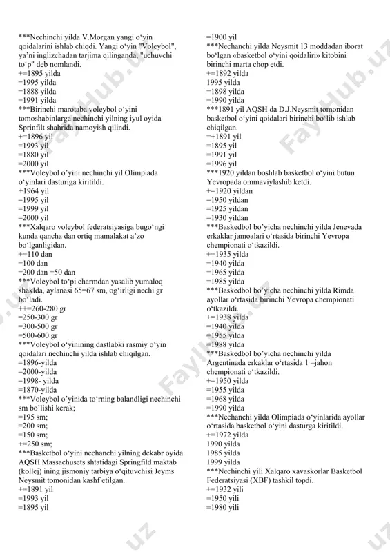 imining shakllanishi nechanchi yillarda boshlangan. +=1867=1868 yillarda =1967=1898 yillarda =1850=1870 yillarda =1870=1880 yillarda ***yaponiya bog‘chalarida bolalarni nechi kishilik kichik guruhlar – “xan”larga bo‘ladi. +=8 kishilik =10 kishilik =6 kishilik =15 kishilik ***boshlang‘ich maktab ta’limning ilk nechi yilini qamrab oladi va uning asosiy qismi hisoblanadi. =6 yilini =3 yilini =5 yilini +=4 yilni ***yaponiyada boshlang‘ich ta’lim majburiy va bepul bo‘lib, mashg‘ulotlar qaysi oyida boshlanadi. +=aprel =may =yanvar =avgust ***nechinchi yilda v.morgan yangi o‘yin qoidalarini ishlab chiqdi. yangi o‘yin "voleybol", ya’ni inglizchadan tarjima qilinganda, "uchuvchi to‘p" deb nomlandi. +=1895 yilda =1995 yilda =1888 yilda =1991 yilda ***birinchi marotaba voleybol o‘yini tomoshabinlarga nechinchi yilning iyul oyida sprinfilt shahrida namoyish qilindi. +=1896 yil =1993 yil =1880 yil =2000 yil ***voleybol o’yini nechinchi yil olimpiada o‘yinlari dasturiga kiritildi. +1964 yil =1995 yil =1999 yil =2000 yil ***xalqaro voleybol federatsiyasiga bugo‘ngi kunda qancha dan ortiq mamalakat a’zo bo‘lganligidan. +=110 dan =100 dan =200 dan =50 dan …