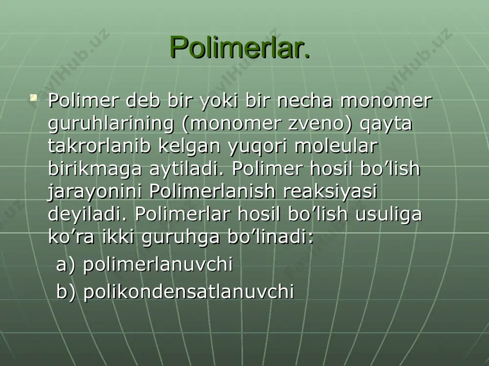 za ishlab chiqarishni taqazo etardi. hozirgi kunda bu yerda yiliga 30 ming tonna selluloza ishlab chiqarilmoqda. bulardan tashqari “qo’ng’irot soda” va juda ham ko’plab kimyo korxonalari o’z faoliyatini jadallik bilan olib bormoqdalar. polimerlar olish va ularni qayta ishlash usullari olinishi polivinil spirt- polivinilatsetatni ishqorli alkogoliz usuli bilan olinadi. zarbga chidamli polistriol- butadiyen nitril kauchukiga striolni payvand sopolimerlash. polietilen(yuqori va past bosim)- a)initsiator kislorod 150mpa, 180-200 t, b) katalizator xromorganik birikmalar c) sigler-natta katalizatori ishtirokida 3-7mpa qayta ishlanishi cho’ktiruv vannasida koagulyatsiya usuli bilan. bosim ostida quyish va ekstruziya ekstruziya va bosim ostida quyish polipropilen- propan muhitda avtoklavda bosim ostida. polivinilxlorid- a) massada bosim ostida avtoklavda b) suvli suspenziyada bis-azo-izomoy kislotasi dinitrili ishtirokida c) avtoklavda 50 gradusda persulfatlar ishtirokida suvli muhitda. ekstruziya va bosim ostida quyish. ekstruziya, pasta tayyorlash usuli va vakuum shakllantirish usullarida qayta ishlanadi. polietilentereftalat- dimetiltereftalat efirini etilenglikol bilan kondensatlash vositasida olinadi. mochevina formaldegid smolalari- uzlukli va uzluksiz reaktorda mochevina …