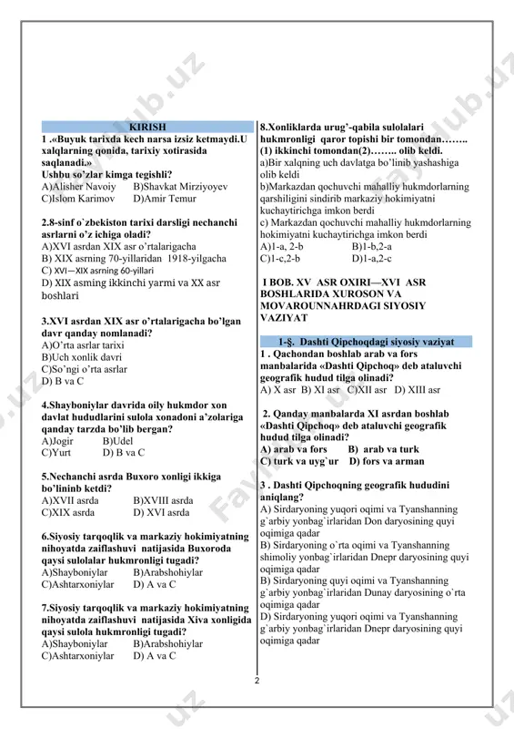iii asr 2. qanday manbalarda xi asrdan boshlab «dashti qipchoq» dеb ataluvchi geografik hudud tilga olinadi? a) arab va fors b) arab va turk c) turk va uyg`ur d) fors va arman 3 . dashti qipchoqning gеоgrafik hududini aniqlang? a) sirdaryoning yuqori oqimi va tyanshanning g`arbiy yonbag`irlaridan don daryosining quyi oqimiga qadar b) sirdaryoning o`rta oqimi va tyanshanning shimoliy yonbag`irlaridan dnepr daryosining quyi oqimiga qadar b) sirdaryoning quyi oqimi va tyanshanning g`arbiy yonbag`irlaridan dunay daryosining o`rta oqimiga qadar d) sirdaryoning yuqori oqimi va tyanshanning g`arbiy yonbag`irlaridan dnepr daryosining quyi oqimiga qadar 4. qaysi daryo dashti qipchoqni sharqiy va g`arbiy qismlarga ajratib turgan? a) ural b) itil c) don d) dunay 5. yoyiq daryo dashti qipchoqni qaysi qismlarga ajratib turgan? a) shimoliy va janubiy b) sharqiy va g`arbiy c) janubiy va g`arbiy d) sharqiy va shimoliy 6. dashti qipchoq aholisi rus manbalarida qanday nomda atalgan? a) kumanlar b) pоlоvеslar c) qipchoqlar …
