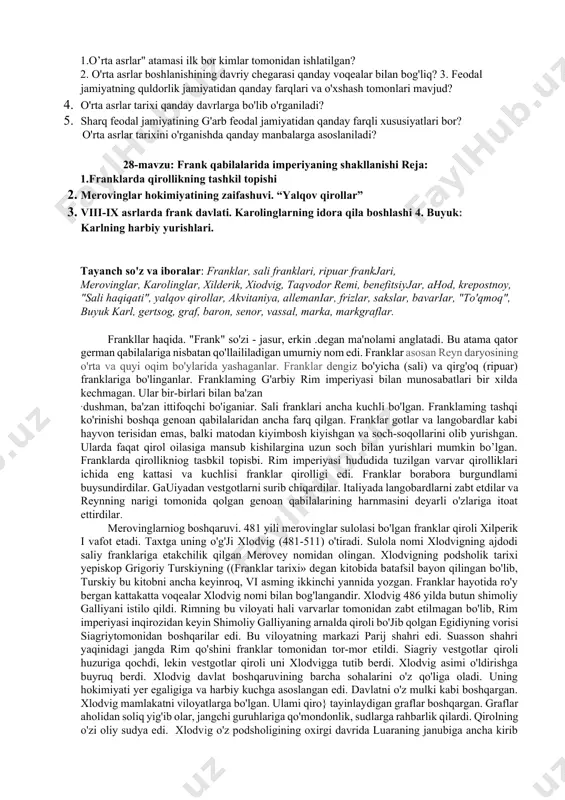 rtinchi choragidan boshlab taxminan xi asr o'rtalarigacha bo'lgan davrni o'z ichiga oladi, bu davr yangi ft:odal jamiyatga o'tish, yer egaligining yangi turlari (yirik yer egalari - feodallar, qaram dehqonlar toifalari) shakllanishi, g'arbiy yevropada yangi diniy ta'limot xristianlikning keng tarqalishi, sharqda islom dinining vujudga kelishi va tarqalishi, yirik feodal davlatlarning paydo bo'lish davridir. 2) rivojlangan o'rta asrlar - xi asming o'rtalaridan xv asr oxirigacha bo'lgan davrni o'z ichiga olib, bu davr yer egaligi ishlab chiqarish munosabatlarining ytiksalishi, o'z-o'zini ta'minlovchi natural xo'jalikdan bozor uchun mahsulot yetishtiruvchixo'jalikka o'tilishi, shaharlaming va hunarmandchilik sexlarining taraqqiyoti, savdoning yuksalishi, yevropa shaharlarining sen'orlar hukmronligidan ozod bo'lish uchun kurashi, erkin shaharlar, shahar respublikalar va yirik markazlashgan davlatlaining shakllanishi, toifaviy hokimiyat organlarining (parl ament, general shtatlar) shakllanishi, xristian cherkovi va salib yurishlari, dunyo xalqlarining iim-fani va madaniyati kabi jarayonlar tarixidir. sharqda feodal jamiyat g'arbdagi xuddi shu ijtimoiy tuzurnga qaraganda ancha uzoqroq yashagan. xatto xviii asming ikkinchi yannida va butun xix …