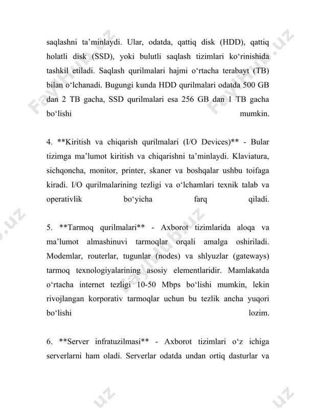 r yordamida xatti-harakatlarni nazorat qilish va boshqarish amalga oshiriladi. 7. **kompyuter texnologiyalari**: quyida kompyuter tizimlari ishlaydi. o'rnatilgan loyihaviy prinsiplar yordamida turli xil dasturlarni bajarish uchun apparat vositalari (cpu, gpu, ram) orqali amalga oshiriladi. ushbu tamoyillar amaldagi texnik vositalarning keng doirasi uchun asos sifatida xizmat qiladi va ularning asosi tushunarli bo'lsa, turli tizimlar va jarayonlarni samarali boshqarish va rivojlantirish imkonini beradi. texnik qurilmalar sifatida shuningdek avtomobil tormozlari, yadro reaktorlari, gidravlika nasoslari va boshqa ko'plab mexanizmlar misol boʻlishi mumkin. har bir turdagi qurilma o‘ziga xos fizik qonuniyatlarga va ishlash tamoyillariga ega, shuning uchun ularni tahlil qilish imkoniyatga bog'liq vazifalar uchun alohida ahamiyat kasb etadi. bularga ko'pincha qayta tiklanadigan enerjidan foydalanish imkoniyatlari, energiyani tejash usullari va ekologik xavfsizlikka oid texnologik echimlar kiradi. 3. axborot tizimlarida sensorlarning roli axborot tizimlarida sensorlarning roli juda muhim bo‘lib, u turli sohalarda keng qo‘llaniladi. sensorlar texnologiyasi so‘nggi yillarda jadal rivojlanmoqda va ularning axborot tizimlarida qo‘llanilishi ko‘plab afzalliklarni taqdim …