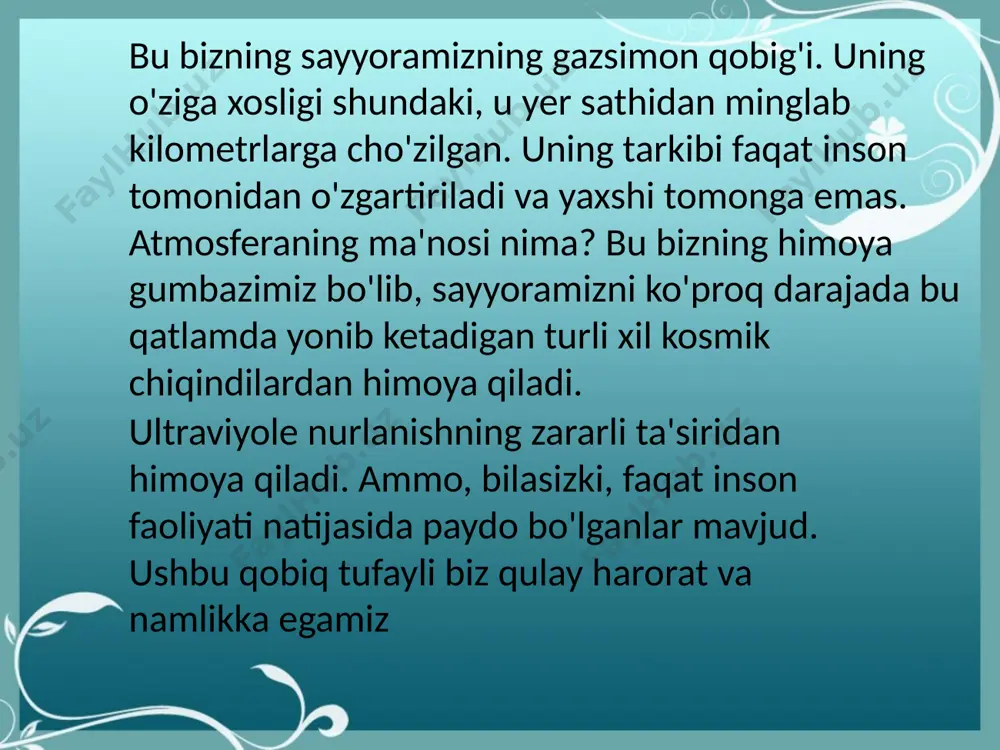 bo'ladi, siklonlar va antisiklonlar hosil bo'ladi, shamol hosil bo'ladi, umuman olganda, ob-havo va iqlim bilan bog'liq barcha jarayonlar sodir bo'ladi. faqat troposferaga taalluqli juda qiziqarli xususiyat, agar siz yuz metrga ko'tarilsa, havo harorati taxminan bir darajaga tushadi. ushbu qobiqdan tashqarida, qonun aksincha ishlaydi. troposfera va stratosfera orasida harorat o'zgarmaydigan bitta joy - tropopauza mavjud. stratosfera biz yerning kelib chiqishi va tuzilishini ko'rib chiqayotganimiz sababli, biz stratosfera qatlamini o'tkazib yubora olmaymiz, uning nomi tarjimada "qatlam" yoki "pol" degan ma'noni anglatadi. aynan shu qatlamda yo'lovchi laynerlari va tovushdan tez uchadigan samolyotlar uchadi. e'tibor bering, bu erda havo juda kam uchraydi. harorat minus ellik oltidan nolga ko'tarilish bilan o'zgaradi, bu stratopauzaning o'zigacha davom etadi. u yerda hayot bormi? bu qanchalik paradoksal tuyulmasin, lekin 2005 yilda stratosferada hayot shakllari topilgan. bu koinotdan olib kelingan sayyoramizdagi hayotning paydo bo'lishi nazariyasining o'ziga xos isbotidir. ozon qatlami va mezosfera erning tuzilishini bo'limda o'rganib, biz taniqli ozon qatlamini …