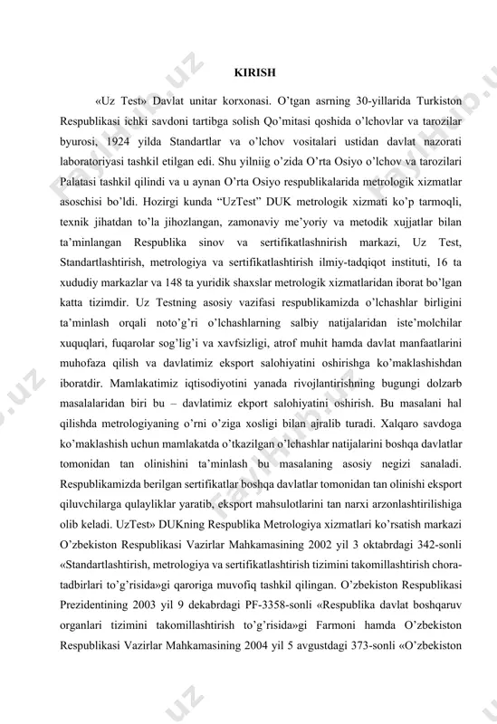 shkil qilish. «uz test» davlat unitar korxonasi tarixidan «uz test» dk tarixi turkiston respublikasi xkk qarori bilan «o’lchov va tarozilar to’g’risidagi qoida» tasdiqlanib, ichki savdoni tartibga solish qo’mitasi qoshida turkiston o’lchov va tarozilar byurosi tashkil qilingandan boshlab 18 aprel 1923 yildan boshlangan. navoiy shahrida amal qilish doirasi butun turkiston respublikasi bo’lgan savdo o’lchov va tarozilarini qiyoslash palatkasi tashkil qilindi. 1924 yilda birinchi standart va o’lchash vositalari ustidan davlat nazorat laboratoriyasi (dnl) tashkil qilindi. 1924 yilda qiyoslash palatasi o’rta osiyo o’lchov va tarozilari palatasiga o’zgartirilib, qirg’izston, tojikiston va turkmaniston respublikalarida metrologik xizmatlarning asoschisi bo’ldi. 1930yilning mart oyida o’zbekiston ssr xalq komissarlari kengashi qoshida standartlashtirish qo’mitasi tashkil qilindi va 1931 yilda o’lchov va tarozilar palatasi bilan birlashtirildi. urushdan keyingi yillarda har bir viloyat markazida, ular ishini o’zbekiston ssr vazirlar kengashi qoshidagi o’lchov va o’lchash asboblari ishi bo’yicha vakolatli qo’mita boshqargan davlat nazorat laboratoriyalari (dnl) tashkil qilindi. 1966 yilda dnl standart va o’lchash …