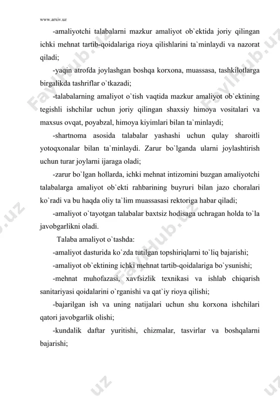 igacha – 35% 31 dan 40 kishigacha – 45% 41 dan 50 kishigacha – 50% v) amaliyotchi talabalarning soniga qarab, amaliyotga bevosita rahbarlik qiluvchi rahbarga: 4 kishigacha – 20% 5 dan 7 kishigacha – 35% 8 dan 10 kishigacha – 50% fermer xo`jaligidagi amaliyot rahbari, hamda pedagogik amaliyot uchun rahbarplik qilgan maktab hodimining ish haqi oliy ta`lim muassasasining amaliyot uchun ko`zda tutilgan mablaғlar hisobidan beriladi. ularning ish haqqi me`yorlari o`zbekiston respublikasi suv va qishloq xo`jaligi hamda xalq ta`limi vazirliklari birgalikda tuzgan maxsus ko`rsatmalari asosida moliya, shuningdek oliy va o`rta maxsus ta`lim vazirliklari bilan kelishgan holda joriy qilinadi. talabalar amaliyotiga rahbar bo`lmagan mutaxassislar tomonidan amaliyot ob`ektida o`tkazilgan ma`ruza, maslahat va tashriflar uchun to`lovlar, oliy ta`lim muassasalarining amaldagi tartibda ko`rsatilgan, soatbay to`lov maoshi bo`yicha, ishlab chiqarish amaliyoti uchun ko`zda tutilgan mablaғlar hisobidan oliy ta`lim muassasasi amalga oshiradi. talaba amaliyot davrida amaliyot o`tish joyidan ish haqi olish-olmasligidan qat`iy nazar, uning umumiy qoidalar asosida …