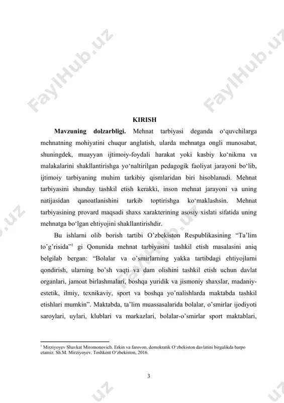 uvchilarning yoshi, ularning qiziqish-havaslari ishning u yoki bu turiga tayyorgarlik darajalari hisobga olinadi. buni ayniqsa ishning mazmuni va usulini belgilashda hisobga olish muhim ahamiyatga ega. bunday ishlar o`quvchilarning kuchiga yarasha va ular uchun qiziqarli bo`lishi kerak. mehnat tarbiyasi o`quvchilar tashkilotlari hamda ota-onalarjamoasiyordamiga suyangan holda olib boriladi. bu ishlarning eng ko`p tarqalgan shakli quyidagilar: to`garak ishlari, ommaviy tadbirlar va o`quvchilarning mustaqil individual mashg`ulotlaridir. sinfda o’z ichiga olgan to’garaklar quyidagi turlarga bo’linadi; - fan to’garaklari; - kasb-hunar yo’nalishidagi to’garaklar; - sport to’garaklari; - san’at yo’nalishidagi to’garaklar. mehnat tarbiyasi o`quvchilarni ma`naviy-axloqiy ruhda tarbiyalashda, ularga bilim berishda muhim vosita bo`lganligi tufayli bu ishlarni keng yo`lga qo`yishga maktab direktorlari, ilmiy mudirlar, shuningdek, o`qituvchilarjamoasikatta e`tibor berishi, «kamolot»va «kamalak» tashkilotlari, ota-onalarjamoasiva maktab rahbaralri yordamidan har tomonlama foydalanish kerak. o`quvchilar bilan olib boriladigan mehnat tarbiyasi o`qituvchilar jon dillari bilan sevishlari, bu ishga rahbarlik qilishda ishtirok etishni o`zlarining eng muhim vazifalaridan biri deb bilishlari zarur. maktabning yangi vazifasi har …