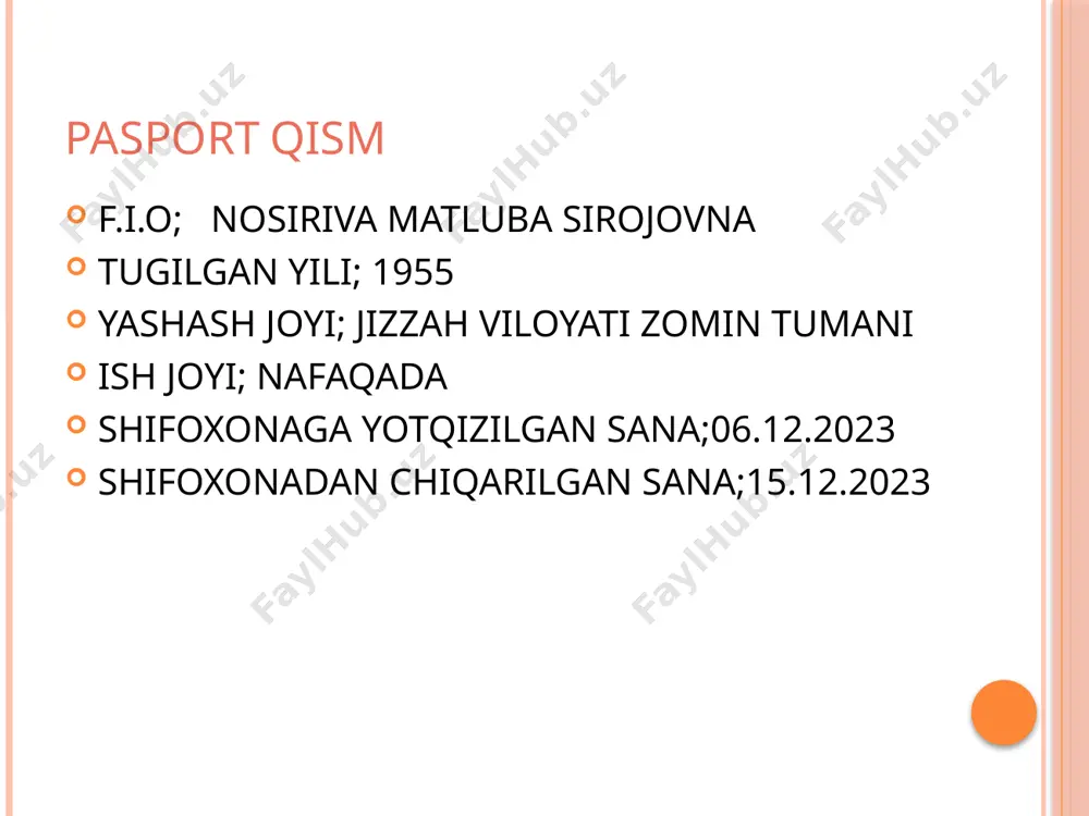 ta 1-min ritmik. oshqozon-ichak sistemasi tili nam toza.qorni yumshoq ,palpatsiyada chap qovurga yoyi osti soxasida bir oz sezgir.jigar ung qovurga yoyi osti soxasida,taloq kattalashmagan.ich kelishi qabziyatga moil. siydik ajratish sistemasi bel soxasi odatdagidek, buyraklar paypaslanmaydi.turtki simptomi ikki tomonlama manfiy.diurez mustqil,oyoqlarda shishlar yoq. tashxis asosiy; gipertoniya kasalligi ii daraja.xavf omili iii.yuik.zuriqish stenokardiyasi 2fc raqobatdosh;otkir polisinusit. fon;bosh miya va yurak qon tomirlari aterosklerozi. yondosh;surunkali xolisistit.surunkali gastrit”b” tur notuliq remissiya davri. umurtqalarning bel-dumgaza qismi osteoxondrozi.covid-19.virus etiologoiyali zotiljamdan keyingi xolat 2021 yil.gipertrofik rinit.burun tusigi qiyshayishi.aralash karlik ung taraf-1,chap taraf-3 daraja . tekshiruv rejasi umumiy qon taxlili belkovie fraksie qonning bioximik tahlili koagulogramma umumiy siydik taxlili utt(jigar,ut qopi,taloq,buyrak tavsiya; image2.jpg image3.jpg image4.jpg image5.jpg image6.jpg image7.jpg image8.jpg image9.jpg image10.jpg image11.jpg image12.jpg image13.jpg image14.jpg /docprops/thumbnail.jpeg