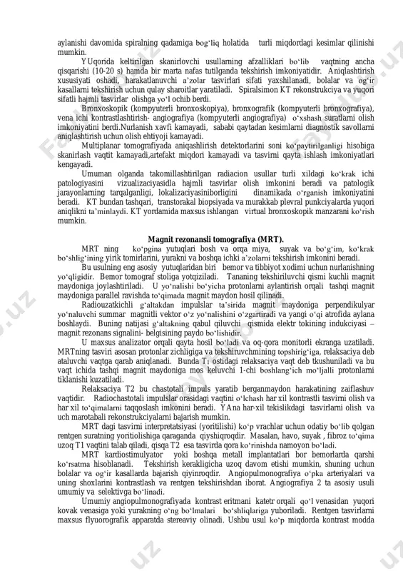 afasining o‘ng yon sathi tegib turadi, chapda- chap tomoni. yon proekciyadagi rentgenogrammalar o‘pkaning bo‘lak va segmentlaridagi patologik jarayonning joylashishini, bo‘laklararo tirqishlardagi, o‘pka va yurak soyasi ortidagi o‘zgarishlarni aniqvlash uchun zarurdir. ikki tomonlama o‘pka patologiyalarini yaxshiroq aniqlashda o‘ng va chap o‘pkaning alohida tasvirini olishda suratlarni qiyshiq proekciya (sath) da olish yaxshiroqdir. rentgen surati odatda nafas olgan holatda olinadi. o‘pkaning kollabirlangan qirg‘oqlarini va pnevmotoraksdagi plevra tirqishlarini, shuningdek o‘pka va plevra patologiyasidlagi ko‘ks oralig‘i a’zolari siljishidagi rentgen suratlarni yaxshi chiqishi nafas chiqargan sharoitda o‘tkaziladi. rentgenning yoritilganligini oshirish rentgen nurlarining qattiqligini yoki ekspoziciyasini o‘zgartirish orqali amalga oshirish mumkin. bunday suratlar qattiq va supereksponirli deb ataladi. bular ekssudativ plevritli bemorlar va o‘pkada bajarilgan xirurgik operaciyadan keyingi ommaviy plevral boylamli qo‘yilmalarda, traxeya va bronx devorlarini yaxshi aniqlashda o‘ikaziladi. supereksponirli va qattiq suratda odatiy suratda ko‘rinmaydigan intensiv qorayish sohasidagi har xil tuzilmalar (struktura) larni ko‘rish mumkin. ammo kichik intensivlik dagi soyalar bunday suratlarda ko‘rinmaydi. to‘g‘ri va yon …