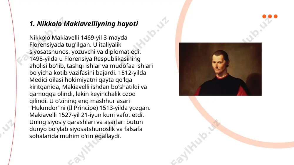 y qilinadi. xavfsizlik tizimlarini targ‘ib qilish uchun 2021-yilda 10 million dollar mablag‘ sarflandi. statistikaga ko‘ra, xavfsizlik qoidalariga rioya qiluvchi korxonalarda qoidabuzarliklar 50% ga kamayadi. xavfsizlik kameralari qo‘llanilishi 2023-yilda 5% ga oshib, hamma joyda foydalanilmoqda. barcha xavfsizlik choralari fuqarolar va korxonalar uchun muhimdir. ... t.me/slaydai_bot 10. sadoqat va qo‘rquv orqali boshqarish sadoqat va qo‘rquv orqali boshqarish boshqaruv usullari sifatida qadimdan mavjud. sadoqat orqali boshqarish muvaffaqiyat kasb etgan rahbarlar va tashkilotlar bilan bog‘liq bo‘lib, bu jarayonda ishchilar rahbarga ishonadi va motivatsiyaga ega bo‘lib ishlaydi. boshqa tomondan, qo‘rquv orqali boshqarish ishchilarni qo‘rqitish, jarimalar yoki jazolar orqali tartibni saqlash usulidir. tadqiqotlar shuni ko‘rsatadiki, motivatsiya va sadoqat asosida ishlaydigan korxonalar 20% yuqori samaradorlikka erishadi. shuningdek, qo‘rquv muhitida ishlaydigan xodimlar 25% kam ijodiy bo‘ladi. sadoqat va qo‘rquv orqali boshqarish usullarini balansli qo‘llash muvaffaqiyatsizlikning oldini olishi mumkin. ... t.me/slaydai_bot 11. hukmdorlarning axloqiy majburiyatlari davrida hukmdorlar ma'muriy va ijtimoiy mas'uliyatlarni o'z zimmalariga olishgan. ular xalqqa xizmat qilish, adolatni …