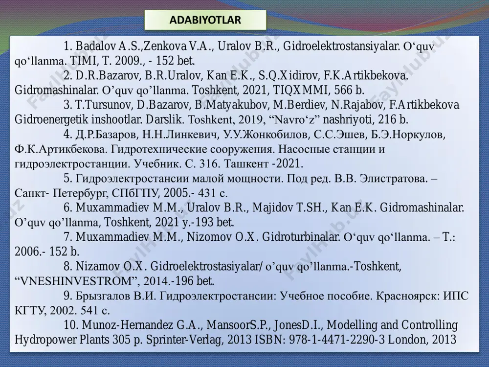 l va boshqalar) hisobidan hosil qilinadi; 3. aralalash usul - ges aralash usul sxemasi, bunda napor to’g’on hisobidan, hamda derivatsiya hisobidan hosil qilinadi,: 4. mavjud suv tashlagichlardan foydalaniladigan irrigatsion inshootlardagi ges. napor hosil qilish usullari. tug’on usuli yoki gesni tug’onli sxemasi to’g’onli napor hosil qilish sxemasi (qirqimi) to’g’onli napor hosil qilish sxemasi (plan) 1 - daryo, 2 - suv ombori, 3 - hamma yog’i berk tug’on, 4 - ges binosi , 5 - suv tashlovchi to’g’on. napor to’g’on qurish va yuqori beyfda suv hajmini yig’ish hisobidan hosil qilinadi. to’g’on yordamida daryodagi a va v qirqimlar orasidagi sathlar farqidan foydalaniladi. bu farq ga eng. bu yerda - napor yo’qotilishi. h to’g’onli sxemada 1 va 2- rasm napor kattaligiga ko'ra ges ning o’zanli va to’g’on yoni turi mavjud bo’ladi. to’g’on usulida qurilgan geslar chorvoq gesi nurek gesi to’xtagul gesi shoyxontoxur gesi derivatsion usul - gesni derivatsiya sxemasi naporni derivatsion usuli bilan hosil …