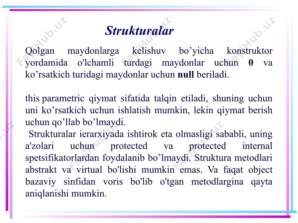 lishuv bo'yicha konstruktor chaqiriladi. = new ( ); bunday holda, strukturada aniqlangan konstruktor chaqiriladi. strukturalar masalan, struct student { public string fam; public string dat_r; public int stip; public student(string f, string dr, int st) { fam = f; dat_r = dr; stip = st; } } student st1 = new student( ); student st2 = new student(“aliyev","12.03.97",200); strukturalar new ishlatmasdan strukturani e'lon qilish mumkin: ; bunday holda initsializatsiyani dasturchining o’zi amalga oshirishiga to’g’ri keladi. masalan, student st3; st3.fam = “valiyev"; strukturalar o'lchamli turlar, shuning uchun bir stukturani boshqasiga yuklash orqali strukturaning nusxasini yaratish mumkin. bu fakt strukturani sinfdan farqlashning muhim omilidir. strukturalar amaliy masalalarni yechishda sinfdan foydalangan ma’qulmi yoki strukturadan? agar yaratilayotgan berilganlar turlari nisbatan kamroq maydonlarga ega bo‘lsa, ular ko’rsatkichlar bilan emas, balki qiymatlar sifatida ishlashga qulay bo'lsa, u holda kichik ob'ektlar uchun dinamik xotira ajratish uchun sarflanadigan xarajatlar dasturning ishlashini pasaytiradi, shuning uchun bunday ma'lumotlar turlarini strukturalar …