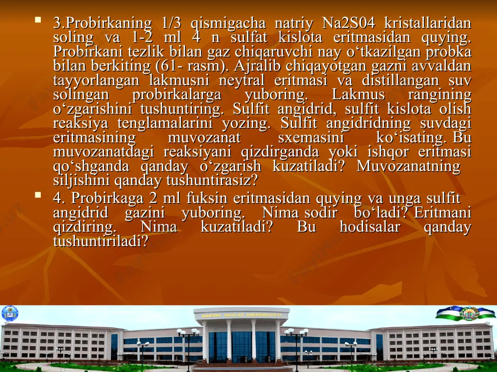 lamalarini yozing. b) chinni tigel qopqog‘iga temir (p) sulfatni bir nechta kristallarini soling. avval ularni qizdirib, keyin kuchli qizdiring. kristallar ustiga hо‘llangan lakmus qog‘ozini tuting. nima sodir bо‘ladi? reaksiya tenglamasini yozing. v) shunday tajribani gips va lauber tuzlarn bilan ham bajaring. oltingugurtning kislorodli kislotalaridan hosil bо‘lgan tuzlarning turli termik barqarorligi nimaga bog‘liq? 5.natriy tiosulfatning olinishi. kichikroq konussimoi kolbaga 3,5 g natriy sulfit soling va 50 ml suv quying. 2,5 g oltingugurt tortib oling va uni spirt bilan hо‘llab (nima uchun?) natriy sulfat eritmasi solingan kolbaga tushiring. aralashmani qaynaguncha qizdiring. lakmus eritmasiga neytral reaksiyaning kuzatilishi protsessning tamom bо‘lish belgisidir. olingan issiq eritmani filtrlang va filtratni suv hammomida kristallanish boshlagunga qadar bug‘lating. eritma sovutilgandan keyin ajralib chiqqan kristallarni byuxner voronkasida filtrlang. reaksiya tenglamasini va natriy tiosulfatning grafik formulasini yozing? natriy tiosulfatning xossalari a) natriy tiosulfat kristallaridan bir necha donasini kamroq miqdordagi suvda eriting va 1-2 ml xlorid kislota eritmasidan quying. nima kuzatiladi? …