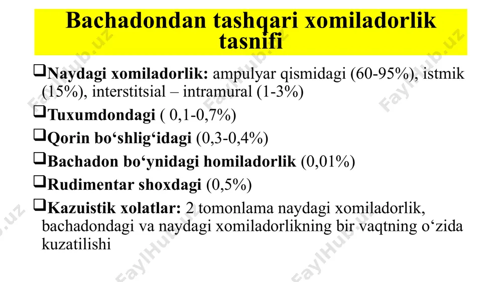 tomlari ginekologik ko‘rikda – bachadon yonida xarakatsiz, og‘riqli xosila paypaslanadi tashxislash uтт laparosopiya uash taktikasi birlamchi baholash: ps, aqb, saturatsiya; kislorod ulash; gospitalizatsiya; jarroxlik muolajasi genitaliy jaroxati genitaliy jaroxati – yengil tilinishdan qo‘shni a’zolarni jaroxatigacha bo‘ladigan xolatlar. tashqi jinsiy a’zolar jaroxati; kichik jinsiy lablar, klitor, qin devorlari yirtilishi tashqi genitaliy gematomasi uretra, siydik qopining zararlanishi va tos suyaklarini sinishi bilan birga klinik belgilar: tashqi qon ketish va shilliq qavat butunligi buzulmagan gematoma tashxislash: anamnez, tashqi jinsiy a’zolar ko‘rigi, palpatsiya, qorin perkussiyasi, vaginoskopiya, siydik qopi kateterizatsiyasi uash taktikasi: ginekologiya bo‘limiga gospitalizatsiya, jaroxatga birlamchi ishov berish, muzli kompress, gematomani ochish, ko‘rsatma bo‘yicha tomirlarni tikish va drenajlash. kolporafiya. e’tiboringiz uchun rahmat! image1.jpeg image5.png image6.png image7.png image8.png image9.jpeg image10.jpeg image11.jpeg image12.jpeg image13.jpeg image14.jpeg image15.jpeg image16.jpeg image17.jpeg image18.jpeg image19.jpeg image20.jpeg image21.jpeg image22.jpeg image23.jpeg image24.jpeg image25.jpeg image26.jpeg image27.png image28.jpeg image29.jpeg image30.jpeg /docprops/thumbnail.jpeg
