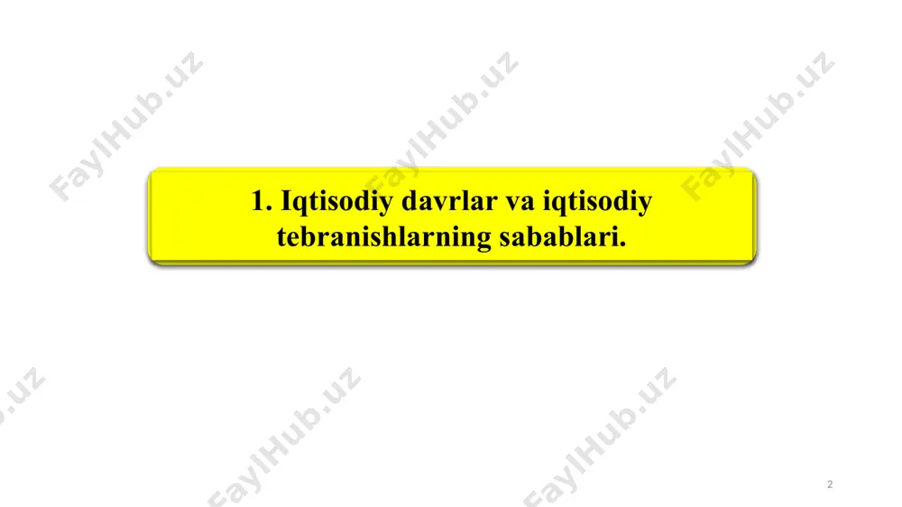 i quvvatlar to‘liq ishlatiladi ishlab chiqarish darajasi pasayadi ishlab chiqarish darajasi eng past nuqtagacha yetadi ishlab chiqarish to‘liq quvvatlar darajasiga yetadi narxlar o‘sishi mumkin narxlar o‘zgarmaydi va faqatgina ishlab chiqarishning kuchli pasayishida narxlar ham pasayishi mumkin narxlar pasayishi mumkin (lekin stagflyatsiya sharoitida ular o‘sishi mumkin) narxlar biroz o‘sishi mumkin iqtisodiy faollikning o‘sishi to‘xtatiladi iqtisodiy faollik pasayadi iqtisodiy faollikning darajasi eng past nuqtagacha yetadi iqtisodiy faollikning darajasi o‘sadi 8 iqtisodiy faollikning o‘zgarishi iqtisodiy davrlarning sabablari taklifning strukturaviy o‘zgarishi talabning strukturaviy o‘zgarishi 9 ishchi kuchi ish bilan bandlar ishsizlar ishchi kuchiga bo‘lgan talab miqdorining ishchi kuchi taklifi miqdoridan kam bo‘lishi ishsizlikni keltirib chiqaradi. ishchi kuchi – ishlayotgan va faol ish qidirayotgan mehnatga layoqatli aholidir mehnatga layoqatli ishlamayotgan, lekin faol ish qidirayotgan aholi bozor iqtisodieti sharoitida 100 % ish bilan bandligini ta’minlash mumkin emas. “to‘la bandlik” tushunchasi ma’lum darajadagi ishsizlikning bo‘lishiga yo‘l qo‘yadi va bu ishsizlikning darajasi normal deb hisoblanadi (ishsizlikning tabiiy darajasi). …