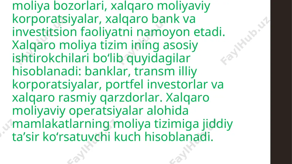 bozori shakllanishning asosiy bosqichlari : i–bosqich. xix asrning 1860- yy.: tashqi savdoning rivojlanishi. valyuta bozorining shakllanishi. ii–bosqich. xx asrning 1950- yy.: kredit mablag’larining milliy bozorlaridagi operatsiyalarning baynalminallashuvi. 1960- yy. xalqaro kredit mablag’lari bozorining shakllanishi. iii–bosqich 1970- yy.: uzoq muddatli xalqaro kreditlar bozorining shakllanishi va xalqaro investitsiya bozorini tashkil etilishi. milliy fond bozorlarining erkinlashuvi. xalqaro fond bozorlarining shakllanishi. 1980 yy. transmilliy bank va kompaniyalarining yuqori sur‘atda rivojlanishi. xalqaro investitsiya va fond bozorining yanada rivojlanishi. xalqaro sug’urta bozoridagi birinchi tizimli operatsiyalar. xalqaro kreditlar bozoridagi operatsiyalarning ko’payishi. iv–bosqich xx asrning 1990 yy.: moliya bozorining fond segmentini shiddat bilan rivojlanishi. xalqaro derivativlar bozorining shakllanishi. xxi asrning 2000 yy. xalqaro derivativlar bozorining shiddatli rivojlanishi. xalqaro moliya bozorining shakllanishi va rivojlanishi bevosita jahon xo’jaligi aloqalarining rivojlanishi, xususan uning tarkibiy qismi bo’lgan xalqaro savdo bilan paralel ravishda amalga oshgan. jahon iqtisodiyotining faoliyati uchun zarur sharoit bo’lib, bu jahon bozorida kapitalning erkin harakatidir. xxi asrning ikkinchi yarmiga kelib, …