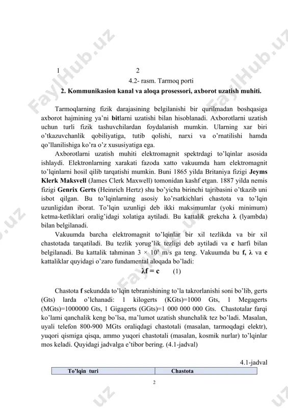 oda xatto vakuumda ham elektromagnit to’lqinlarni hosil qilib tarqatishi mumkin. buni 1865 yilda britaniya fizigi jeyms klerk maksvell (james clerk maxwell) tomonidan kashf etgan. 1887 yilda nemis fizigi genrix gerts (heinrich hertz) shu bo’yicha birinchi tajribasini o’tkazib uni isbot qilgan. bu to’lqinlarning asosiy ko’rsatkichlari chastota va to’lqin uzunligidan iborat. to’lqin uzunligi deb ikki maksimumlar (yoki minimum) ketma-ketliklari oralig’idagi xolatiga aytiladi. bu kattalik grekcha λ (lyambda) bilan belgilanadi. vakuumda barcha elektromagnit to’lqinlar bir xil tezlikda va bir xil chastotada tarqatiladi. bu tezlik yorug’lik tezligi deb aytiladi va c harfi bilan belgilanadi. bu kattalik tahminan 3 × 108 m/s ga teng. vakuumda bu f, λ va c kattaliklar quyidagi o’zaro fundamental aloqada bo’ladi: λf = c (1) chastota f sekundda to’lqin tebranishining to’la takrorlanishi soni bo’lib, gerts (gts) larda o’lchanadi: 1 kilogerts (kgts)=1000 gts, 1 megagerts (mgts)=1000000 gts, 1 gigagerts (ggts)=1 000 000 000 gts. chastotalar farqi ko’lami qanchalik keng bo’lsa, ma’lumot …