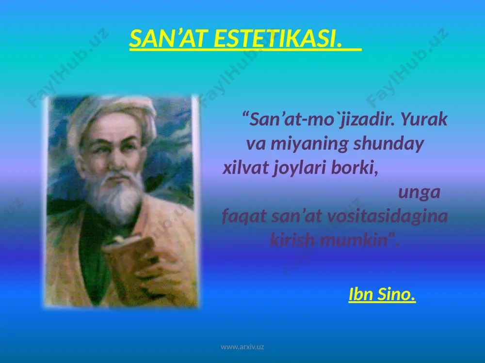 dan iborat. www.arxiv.uz san'atda mazmun va shakl birligi. san’atda badiiy qiyofa uning mazmuni va shakli tushunchalari orqali yorqinroq anglashiladi. san’at mazmuni va shakli masalasi estetik nazariyada muhim o’rin tutadi. san’atda mazmun va shakl asarni badiiy idrok etish xususiyatlari, mahorat masalalari kabi badiiy madaniyat nazariyasi hamda amaliyotining asosiy masalalari bilan chambarchas bog’lanib ketgandir. san’atda mazmun va shakl bir-birini izohlaydi, shakl muayyan bir mazmunni ifodalasa, mazmun ham muayyan shaklda namoyon bo’ladi. www.arxiv.uz san’at turlari. san’at turlari obrazlarning vaqt va makonda rivojlanishiga qarab quyidagicha tasniflanadi. www.arxiv.uz makon san’ati vaqt-makon san’ati vaqt san’ati makon san’ati. me’morchilik; tasviriy san’at; haykaltaroshlik; amaliy bezak; naqqoshlik; xattotlik; notiqlik; ganjkorlik; www.arxiv.uz me’morchilik “qudratimizga shak- shubhangiz bo`lsa, biz qurdirgan binolarga boqing”. amir temur. www.arxiv.uz me’morchilik keng ma’noda inson mehnatining muayyan sohasi sidfatida juda qadim zamonlarda paydo bo’lib, kishilarning eng zarur turmush ehtiyojlari-uy-joyga bo’lgan ehtiyojlarini qondirishga qaratilgan edi. bundan 2000 yil avval qadimgi rim me’mori vitruviy ifodalab bergan “triada” yoki uchlik …