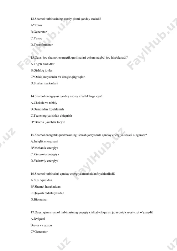 anday foydalanish mumkin? a.quyosh panellari orqali energiya olish b*okean oqimlaridan energiya turbinalari yordamida elektr energiyasini ishlab chiqarish c.okean suvini elektr to‘lqinlariga aylantirish d.suv ichidagi vulkanik harakatlardan foydalanish 27.issiqlik energiyasini okeanlardan qanday olish mumkin? a*okean suvi haroratlarining yuqori qatlam va pastki qatlam orasidagi farqidan foydalanish orqali b.suvning to‘lqinlari yordamida c.dengiz hayvonlarining issiqlik chiqarish orqali d.faqat tropik zonalarda suvning qaynatilishi orqali 28.okeanlar global iqlimga qanday ta’sir ko‘rsatadi? a*okean oqimlari sovuq va issiq havoni harakatlantiradi b.okeanlar iqlim o‘zgarishiga hech qanday ta’sir ko‘rsatmaydi c.okeanlar butunlay muzli suvdan iborat d.faqat yomg‘ir vaqti ta’sir ko‘rsatadi 29.qaysi jarayon okean suvining sirkulyatsiyasiga eng katta tasir ko‘rsatadi? a*quyosh radiatsiyasi va yerning aylanishi b.suvning qaynashi c.shamollarning yo‘nalishi d.baliqlarning ko‘payishi 30.okeanlarning pastkin qatlamlaridagi sovuq oqimlari qanday harakat qiladi? a. tropik qatlamlariga ko‘tariladi b.okeanlarning iliq yuzasiga yaqinlashishi c*qutbiy hududlarda ekvator tomon yo‘naladi d.harakat qilmaydi,bir joyda qoladi 31.to‘lqinlar energiyasi qanday turdagi energiya manbalariga kiradi? a.yangilanmaydigan energiya b*yangilanadigan energiya c.kimyoviy energiya d.yadro energiyasi 32.to‘lqinlar …