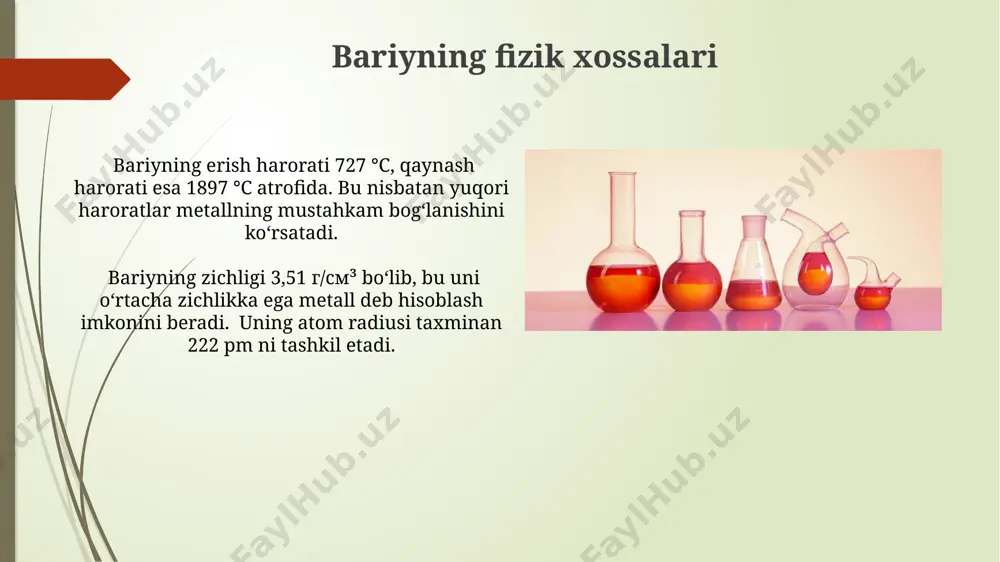 bariy olish mumkin. bu usul nisbatan yuqori harorat va maxsus sharoitlarni talab qiladi, 1200°c atrofida amalga oshiriladi. bariy xlorid (bacl₂) eritmasining elektrolizi orqali ham metall bariy olish mumkin. bu usul yuqori tozalikdagi bariy olishda qo'llaniladi, ammo sanoat miqyosida kam qo'llaniladi. bariy sulfat (baso₄) bariy sulfatning kristall panjarasi ortorombik tuzilishga ega bo'lib, uning o'lchamlari kristall o'sish sharoitlariga bog'liq holda o'zgarib turadi. baso₄ suvda juda kam eriydi, uning eruvchanligi 25°s da atigi 2,4 mg/l ni tashkil etadi, bu esa uni tibbiyotda kontrast modda sifatida ishlatish imkonini beradi. e'tiboringiz uchun rahmat @taqdimot_robot image1.jpg image2.jpg image3.jpg image4.jpg image5.jpg image6.jpg image7.jpg image8.jpg image9.jpg image10.jpg image11.jpg image12.jpg