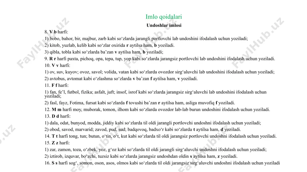 yoziladi imlo qoidalari 17. sh sh harflar birikmasi shahar, shisha, shodlik; ishq, pishiq; bosh, tosh kabi so‘zlarda til oldi jarangsiz sirg‘aluvchi undoshni ifodalash uchun yoziladi. sh harflari ikki tovushni ifodalasa, ular orasiga ’ tutuq belgisi qo‘yiladi: is’hoq, as’hob kabi. 18. j j harfi: 1) jon, jahon, jiyda, tijorat; rivoj, vaj kabi so‘zlarda til oldi jarangli qorishiq undoshni ifodalash uchun yoziladi; 2) jurnal, projektor; gijda, ajdar; garaj, tiraj kabi o‘zlashma so‘zlarda til oldi jarangli sirg‘aluvchi undoshni ifodalash uchun yoziladi. 19. ch ch harflar birikmasi choy, chevar, chiroyli, chaman; achchiq, uchun, bichiqchi; kuch, kech kabi so‘zlarda til oldi jarangsiz qorishiq undoshni ifodalash uchun yoziladi. 20. r r harfi rahmat, rohat, orom, doira, bor, diyor kabi so‘zlarda til oldi ovozdor titroq, undoshni ifodalash uchun yoziladi. 21. l l harfi lola, loyiq, la’l, iloj, mahal kabi so‘zlarda sirg‘aluvchi ovozdor yon undoshni ifodalash uchun yoziladi. 22. n n harfi: 1) non, nomus; ona, tana; bilan, …