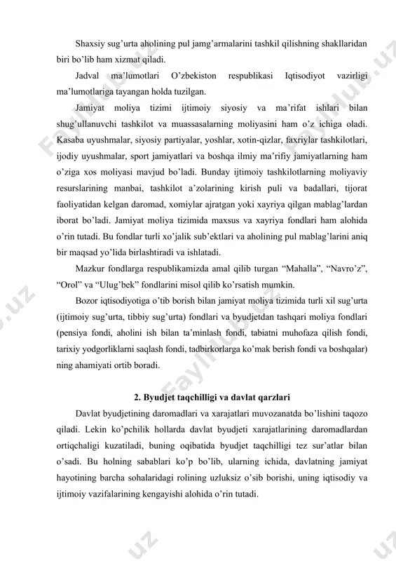 uomalasiga to’g’ridan-to’g’ri inflyatsion ta’sir ko’rsatadi. pul massasining o’sishi jamiyat haqiqiy boyligining ko’payishi bilan birga bormaydi. davlat qarzlarining to’xtovsiz ko’payib borishi, milliy daromadni foiz to’lovlari shaklida, tobora ko’proq qayta taqsimlanishga olib keladi. katta byudjet taqchilligi va davlat majburiyatlari bo’yicha foiz to’lovlari o’sish sharoitida, davlat qarzlarini to’lash vaqtini imkon darajada cho’zishga harakat qiladi. buning uchun turli xil usullardan foydalanish mumkin. jumladan davlat o’zining qisqa muddatli majburiyatlarini, o’rta va uzoq muddatli zayomlarga almashtiradi. u o’zining qisqa muddatli majburiyatlarini, ancha yuqori foiz bo’yicha yangi, uzoq muddatli zayomlar chiqarish hisobiga ham sotib olish mumkin. bunday turdagi tadbirlar qisqa davrli samara berishi va vaqtincha davlatning moliyaviy ahvolini engillatishi mumkin, chunki u odatda kelgusida foiz stavkasining oshishi va qarzlar umumiy miqdorining o’sishi bilan bog’liq. xo’jalik hayoti baynalminallashuv jarayonlarining tez o’sishi, xalqaro kreditning jadal rivojlanishi natijasida davlat o’ziga zarur bo’lgan moliyaviy resurslarni jalb qilish uchun, bo’sh pul mablag’larining milliy chegaradan tashqaridagi manbalaridan faol foydalanadi. buning natijasida tashqi qarz …