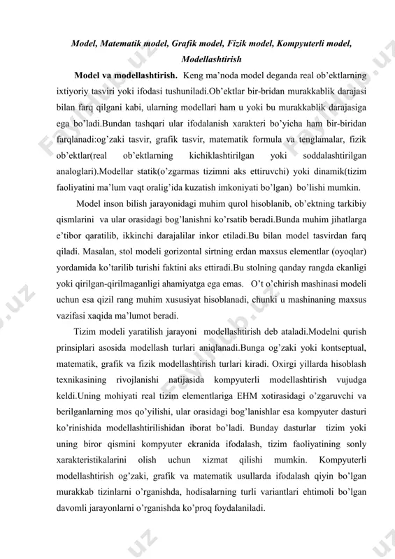 lanishlar esa kompyuter dasturi ko’rinishida modellashtirilishidan iborat bo’ladi. bunday dasturlar tizim yoki uning biror qismini kompyuter ekranida ifodalash, tizim faoliyatining sonly xarakteristikalarini olish uchun xizmat qilishi mumkin. kompyuterli modellashtirish og’zaki, grafik va matematik usullarda ifodalash qiyin bo’lgan murakkab tizinlarni o’rganishda, hodisalarning turli variantlari ehtimoli bo’lgan davomli jarayonlarni o’rganishda ko’proq foydalaniladi. tarixiy jarayonlar ham aynan ana shu kategoriyaga tegishli bo’lib, ularga og’zaki modellash uslubi mos kelmaydi. ko’p hollarda matematik modellashtirish uslubi effektiv bo’lib, qaralayotgan ob’ekt faoliyati formula va tenglamalar sistemasi vositasida ifodalanadi.shu zaylda ehtimollar nazariyasining matematik asosi bir holatdan boshqasiga tasodidiy o’zgaruvchi tizimlarni tasvirlashga imkon beradi. ammo matematik modellashtirish ko’p sonli bir xidagi yoki bir-biriga o’xshash elemenlar mavjud bo’lgandagina effekt beradi. ko’p sonly turli tipdagi ob’ektlarni tasvirlovchi matematik modellar juda murakkablashib, katta xajmdagi hisob-kitoblarni talab etadi.kompyuter dasturlari og’zaki, grafik va matematik modellash usullarini birlashtirish imkoniyini beradi. shuningdek, zamonaviy axborot texnologiyalari natijalarni sonli, grafik va dinamik (animatsion) ko’rinishlarda ifodalash imkoniyatlariga ega. tarixiy …