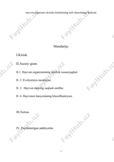 hayvonot organizmlar alohida tizimlarning turlar shoroyidagi holati — DOCX