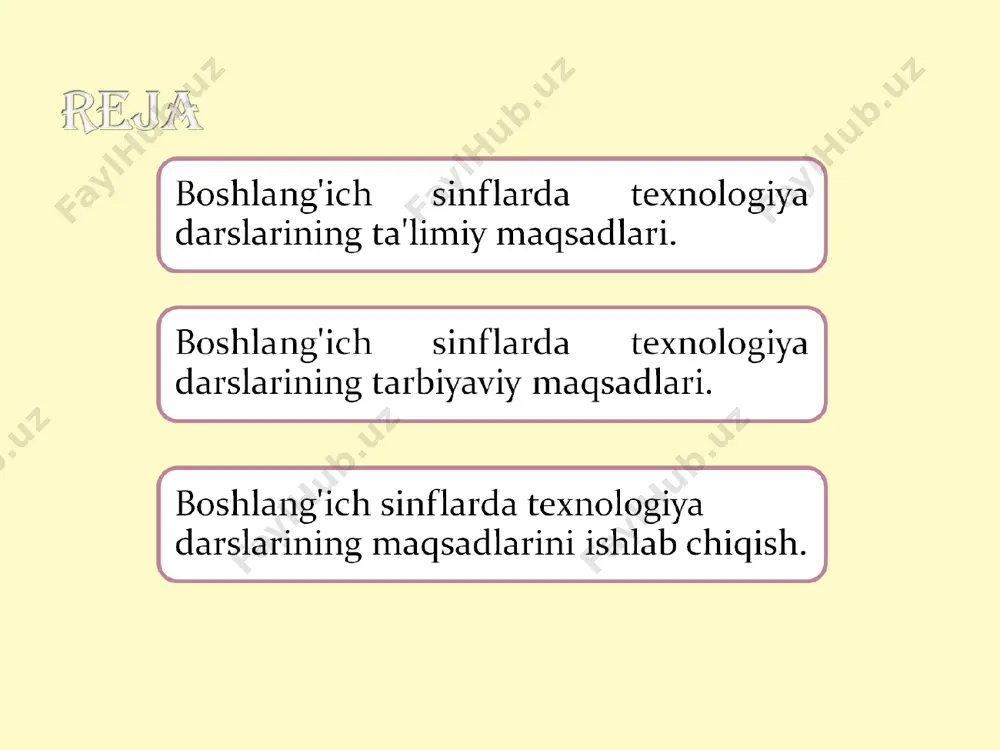 larda 34 soatdan jami 1–4 sinflarda 135 soat o‘qitiladi. o‘quvchilar mehnat ta’limini amalga oshirish uchun quyidagi tashkiliy va uslubiy vazifalarni hal qilish lozim. mavzu: qog‘ozni buklash usullaridan foydalanib, uy hayvonlari shaklini yasash. maqsad: ta’limiy:qog’oz buklash haqida tushuncha berish. tarbiyaviy: badiiy-estetik didni o'stirish, tejamkorlikni, mehnatsevarlikni, ozodalilikni tarbiyalash. rivojlantiruvchi: o'quvchilarda ijodiy tafakkur, tasavvur va fantaziyasini , qog’oz va qaychi bilan ishlash malakalarini rivojlantirish. mavzu: tabiiy va turli materiallardan gul shaklini applikatsiya usulida yasash. maqsad: ta’limiy: tabiiy va turli materiallardan gul shaklini applikatsiya usulida yasash haqida tushuncha berish. tarbiyaviy: badiiy-estetik didni o'stirish, tejamkorlikni, mehnatsevarlikni, ozodalilikni tarbiyalash. rivojlantiruvchi: o'quvchilarda ijodiy tafakkur, tasavvur va fantaziyasini , qog’oz va qaychi bilan ishlash malakalarini rivojlantirish. mavzu: oshxona jihozlari. oshxona jihozlaridan namunalar yasash. maktab oshxonasi maqsad: ta’limiy: oshxona jihozlari. oshxona jihozlaridan namunalar yasash. maktab oshxonasi haqida tushuncha berish. tarbiyaviy: badiiy-estetik didni o'stirish, tejamkorlikni, mehnatsevarlikni, ozodalilikni tarbiyalash. rivojlantiruvchi: o'quvchilarda ijodiy tafakkur, tasavvur va fantaziyasini , qog’oz va qaychi bilan …