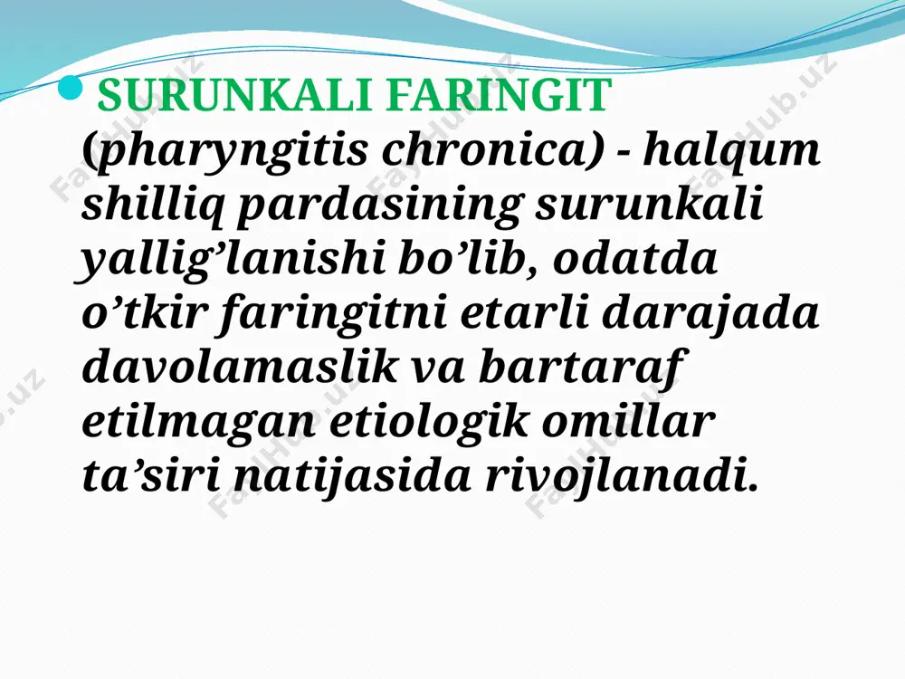 a bilan qoplanganligi aniqlanadi. patologik jarayon halqumnnig yon dеvorida joylashganda tanglay murtaklari orqasida limfoid to’qimani kattalashishi kuzatiladi. jarayonni eshituv nayining halqum tеshigi atrofiga tarqalishi esa bеmorda eshitish qobiliyatining pasayishiga sabab bo’lishi mumkin. surunkali atrofik faringit odatda atrofik rinit bilan birga kеchadi. bunda halqumning shilliq pardasi yupqalashib, hilpillovchi epitеliy ko’pqavatli yassi epitеliy bilan almashadi, shilliq bеzlar soni kamayib, ularning shilliq ishlab chiqarish faoliyati susayadi. faringoskopiyada halqum orqa dеvorining shilliq pardasi rangpar, yupqalashgan, yaltiroq va quruqligi, ayrim joylarda po’stloq va quyuq ajralma bilan qoplanganligi ko’rinadi. klinik bеlgilari. surunkali kataral faringitda bеmor tomog’i qurishiga, qichishiga, unda no-xushlik va yot jismni his etishiga, yo’talga, ba’zan qulog’i bitishiga shikoyat qiladi. atrofik farin-git bilan og’rigan bеmor tomog’i qurishiga, yutinishi qiyinlashganigi, og’zidan yoqimsiz hid kеli-shiga shikoyat qiladi. u suhbat davomida bir qultum suv ichishga ehtiyoj sеzadi. gipеrtrofik farin-gitda halqumda shilimshiq-yiringli ajralma to’planadi. . faringoskopiyada surunkali kataral faringitda halqum shilliq pardasi qizargan va shishganligi, orqa dеvorining ayrim maydonlari …
